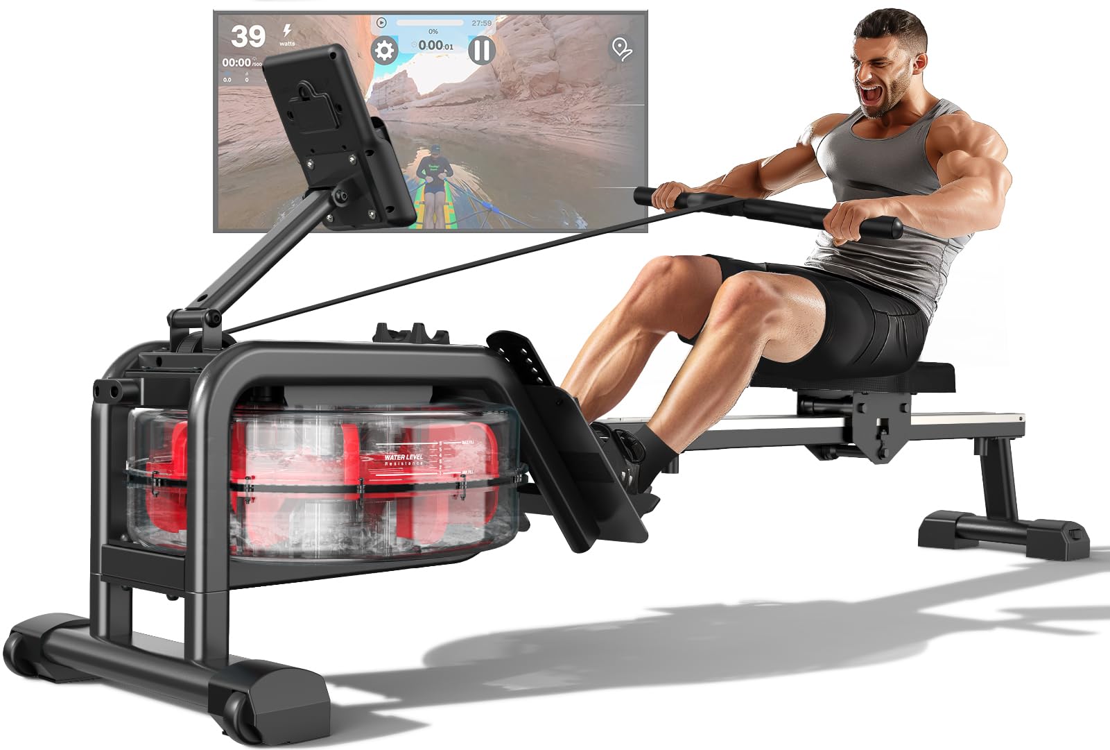Vogatore Professionale per Casa, Vogatore con Monitor Bluetooth & porta Tablet, Vogatore ad Acqua Compatibile con App Kinomap, Facile da Montare, Altezza massima utente 210 cm