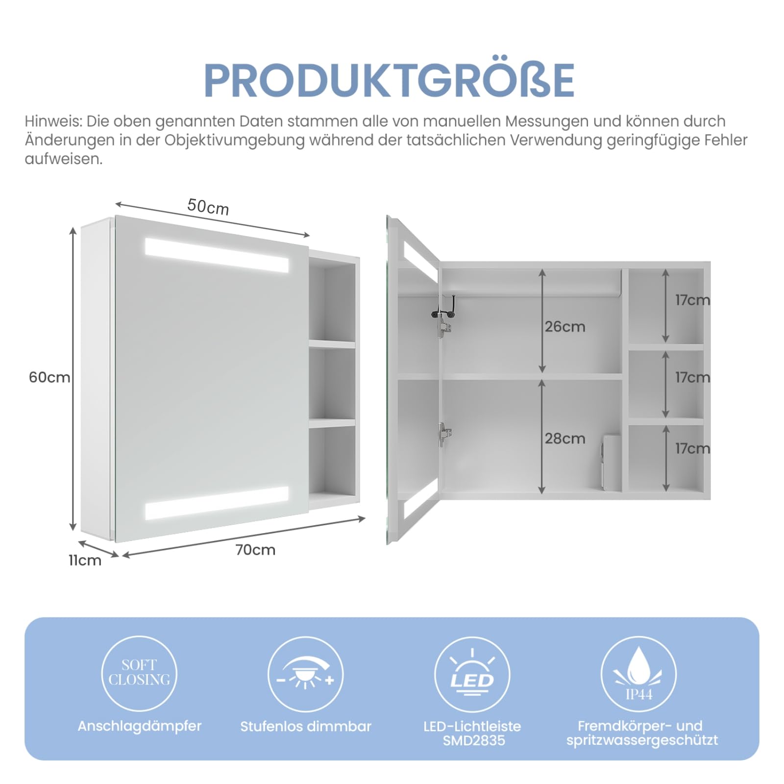 AQUABATOS Spiegelschrank Bad mit Beleuchtung und Steckdose 70 cm breit 60 cm höhe Aluminium Schrank Badspiegel Links offenen Fächern rechts LED Badschrank Infrarot Sensor Antibeschlag dimmbar