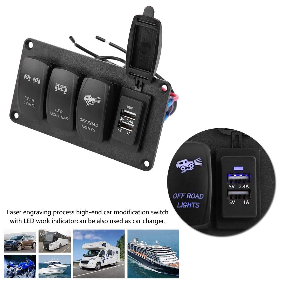 Interruptor de luz dual, interruptor de luz dual 12 / 24V 3 interruptores + LUCES TRASERAS/BARRA DE LUZ LED/LUCES DE CARRETERA 3.4A Cargador de coche