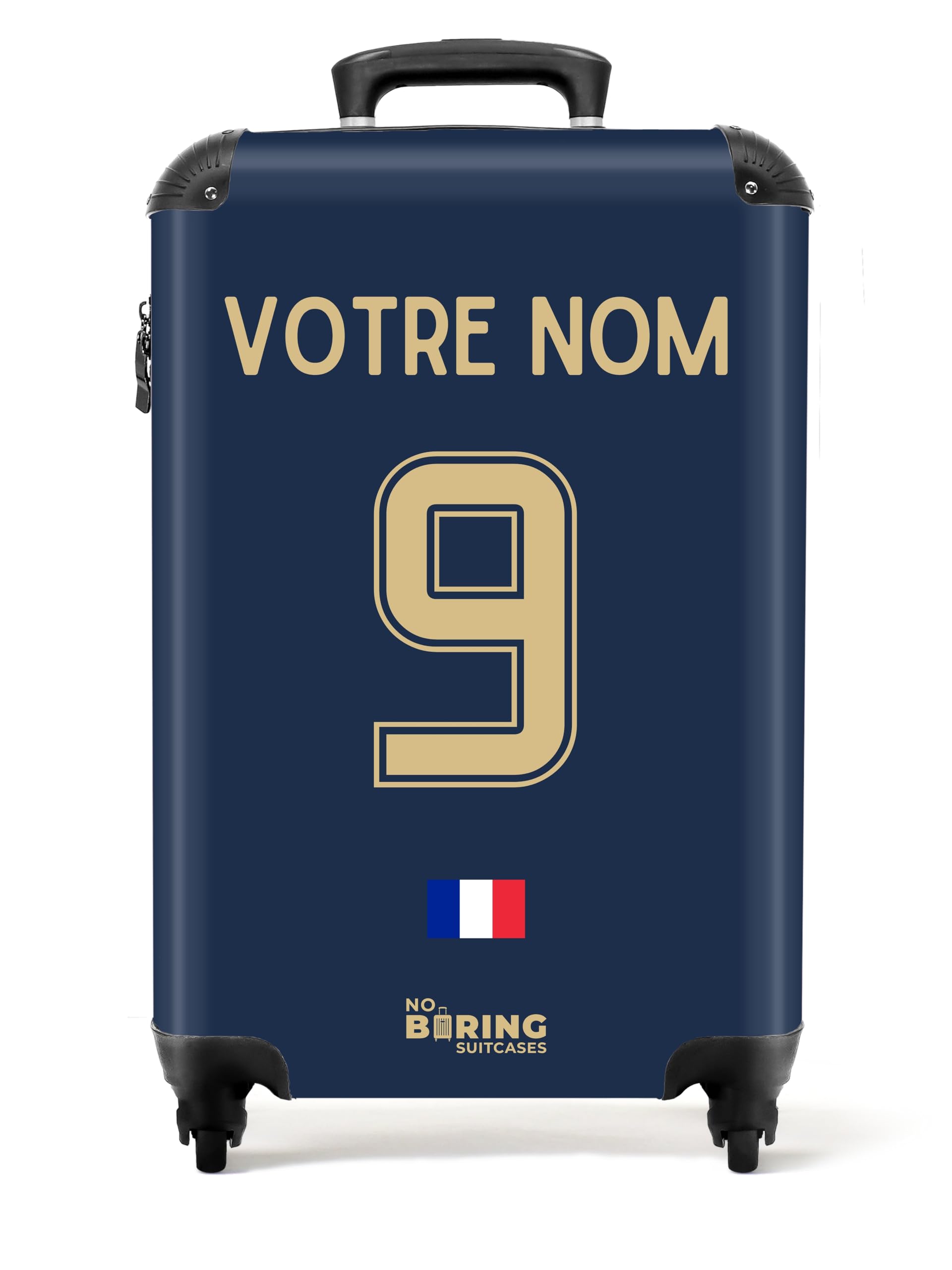 NoBoringSuitcases.com Valise Cabine Personnalisable, Bagage Pas Cher, Petit Modèle de Voyage 55x35x25cm (Football - Uniforme Domicile France 2022 - Bleu Foncé)