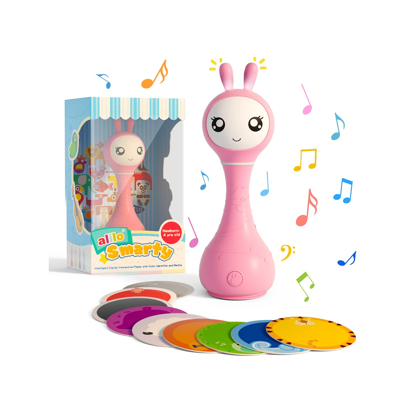 Smarty Shake & Tell Rattle, R1 - Smarty Pink | Shake & Tell Rattle, Music, Stories, & Color Learning for Babies | Hi-Fi Sound, Light-Up Ears, USB Charging | 0+