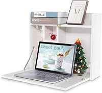 YUSING Wall Mounted Fold Down Laptop Desk with Storage Compartments - Space-Saving White Home Office Workstation