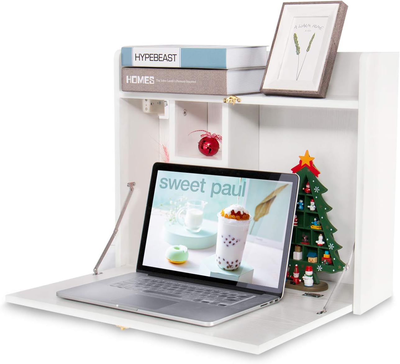 YUSING Wall Mounted Table, Multifunctional Fold Down Wall Mounted Laptop Computer Desk with Storage Compartments for Home, Office, White