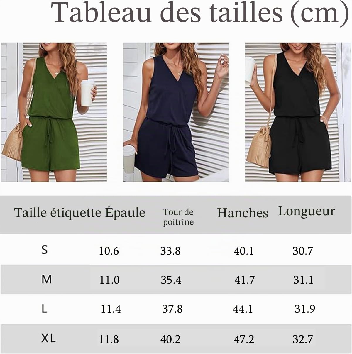 Combinaisons Été Combishort sans Manches Rompers élastique Taille Jumpsuit avec Poches