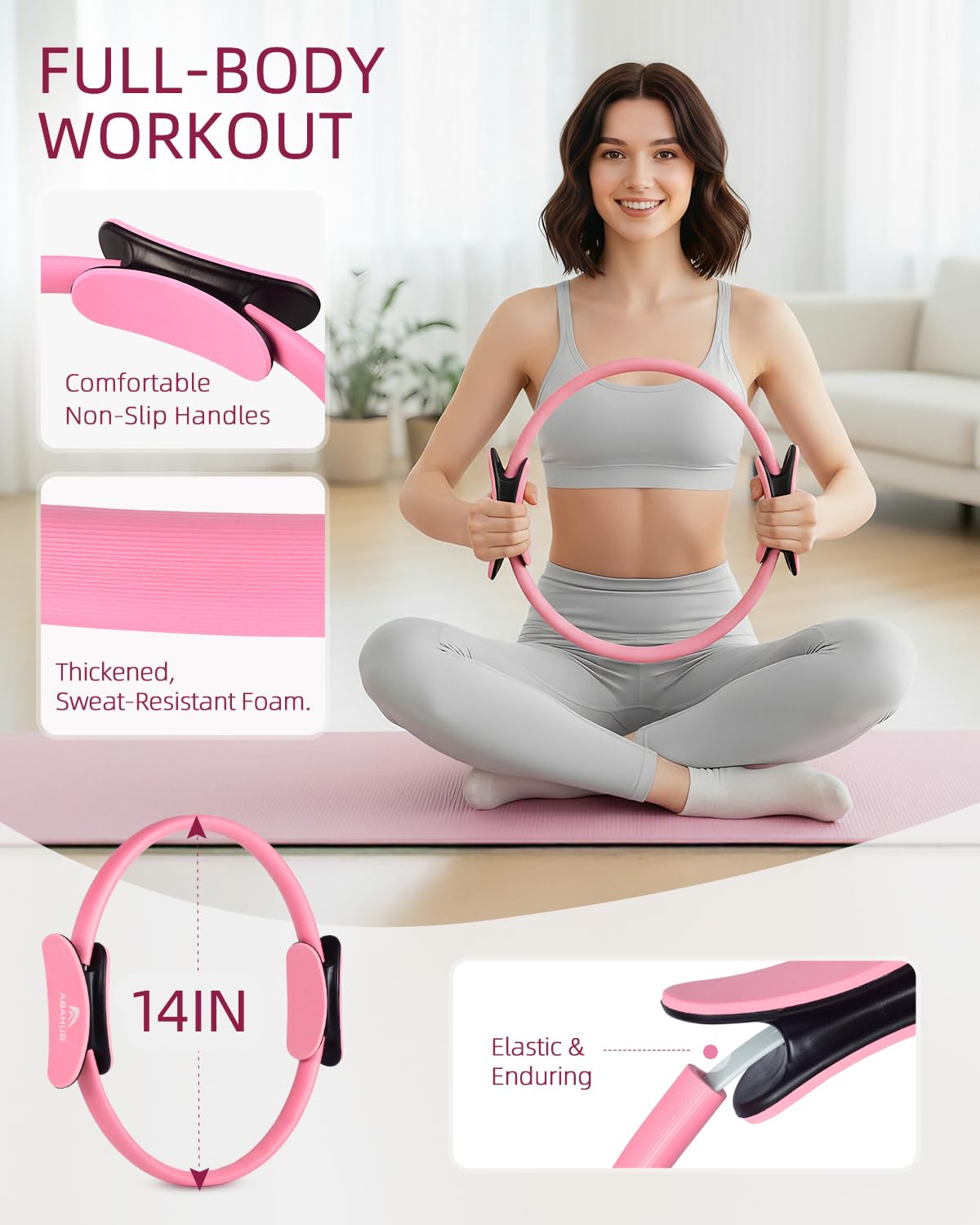 Kit Pilates Maison avec Anneau 35cm, Ballon 25cm et Bandes Résistance - Set Complet Rose