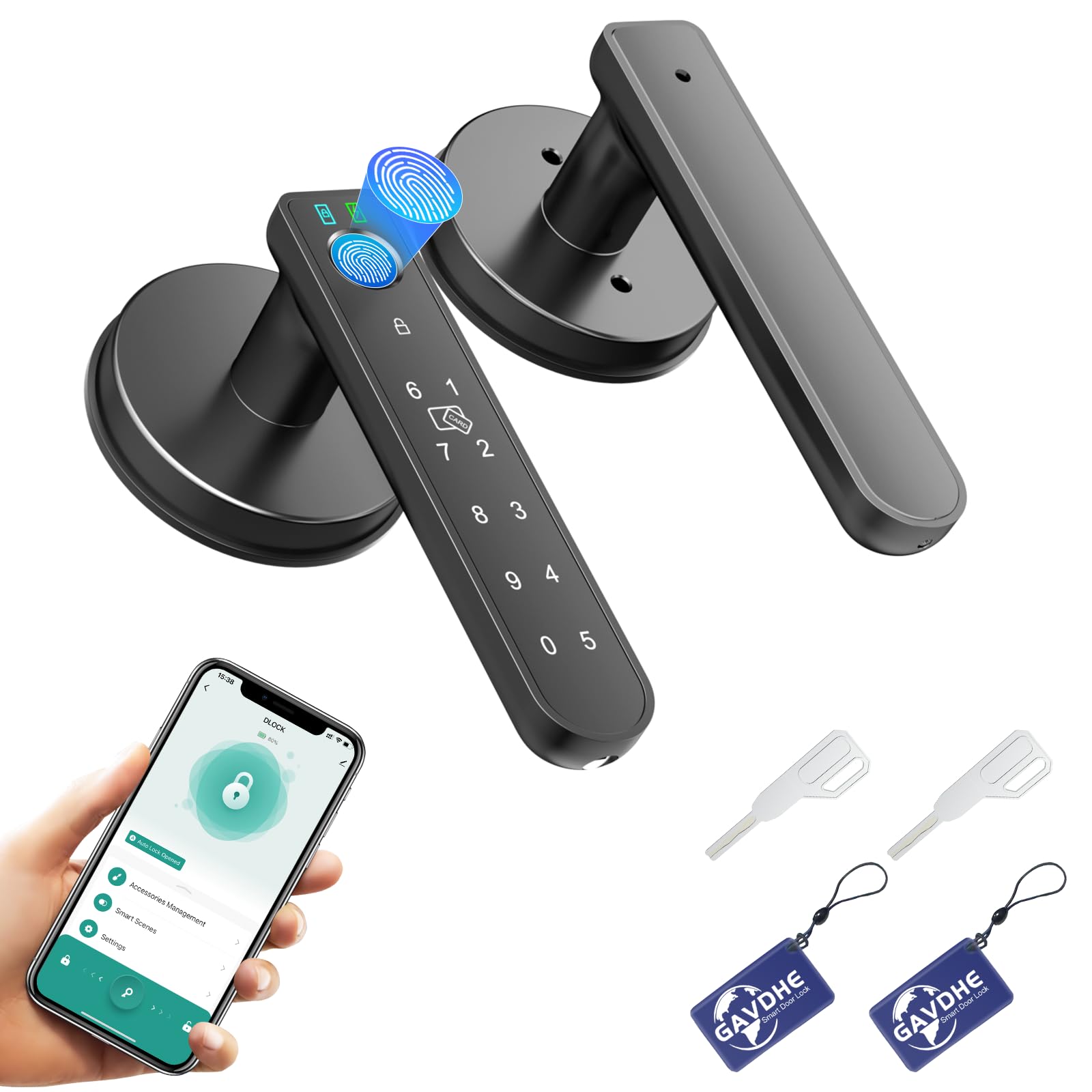 Serrure de porte à empreintes digitales intelligente avec poignée de porte biométrique d'entrée sans clé avec clavier et contrôle par application, installation facile pour la maison, la chambre