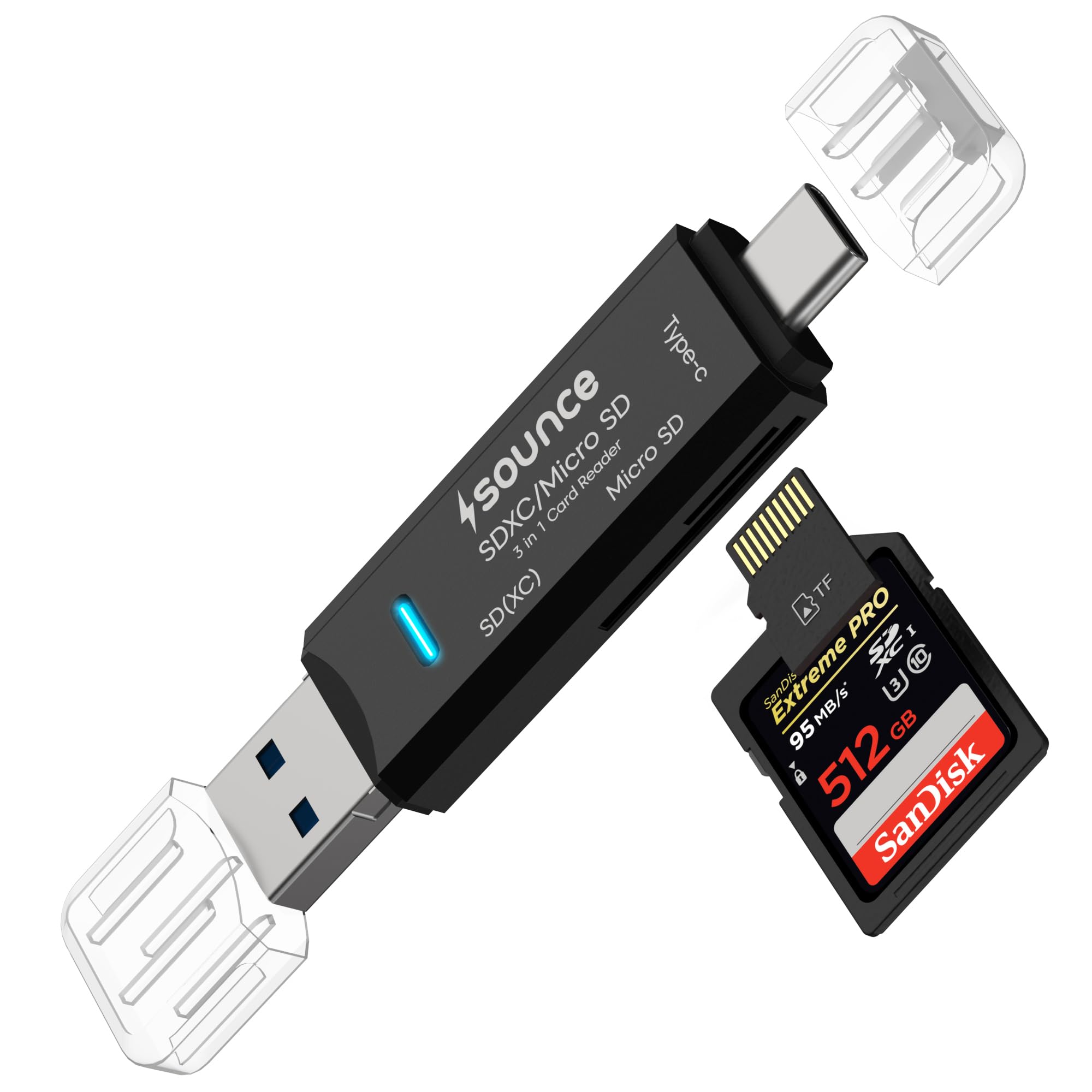 Sounce 3 in 1 SD Card Reader USB Type C, USB 3.0 and Micro USB OTG Memory Card Adapter, Portable for TF, SD, Micro SD, SDHC, MMC, RS-MMC and Micro SDXC - Black