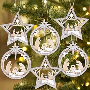 Treory Christmas Decorations Indoor Nativity Scene Ornaments, 6 Set Wooden Christian Tree Ornaments, 3-Layer Sliver White Carved Wood The Birth of Jesus Decorations, Religious Xmas Decor for Home