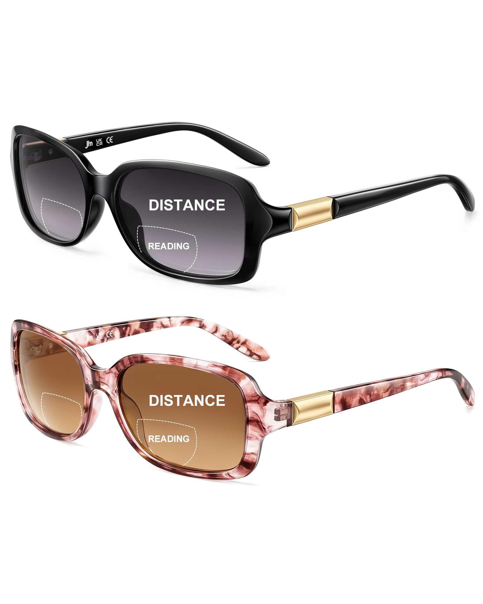 JM 2 Pack Classic Bifocal Reading Sunglasses Rectangular Stylish Sunglasses Readers for Women +1.25 All Black&Pink Printed