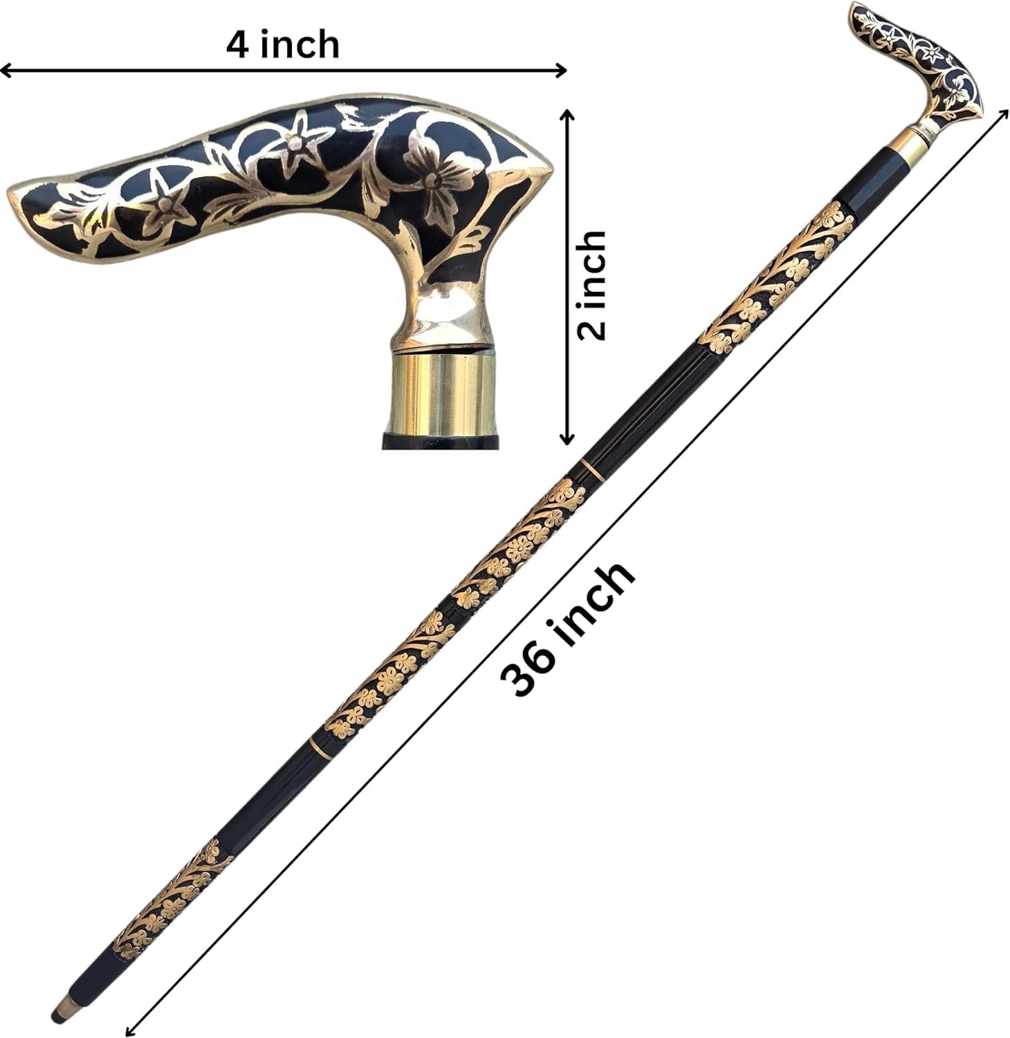 Handgefertigter Gehstock aus Holz, Schwarz Gold, Blumendesign, ergonomischer Komfortgriff, stilvolles Design, langlebiger Gehstock für Männer und Frauen, Stützstock für Senioren & ältere