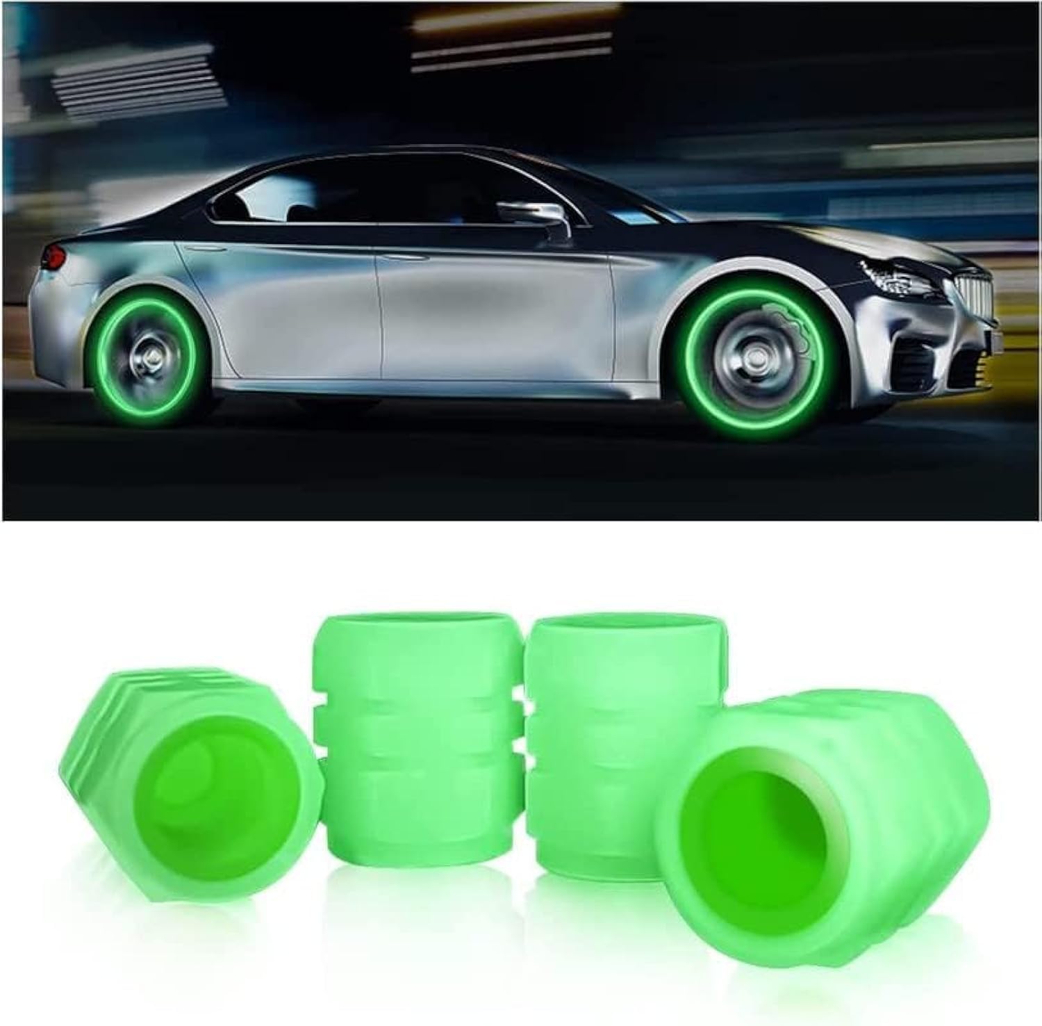 4Pcs Radium Valve Cap for Tire Stem Caps Universal for Car, Bikes, Trucks, Tyre Fluorescent Glow in The Dark Air Cover, Tire Pressure Radium Caps, Modification & Decoration Accessories (Green)