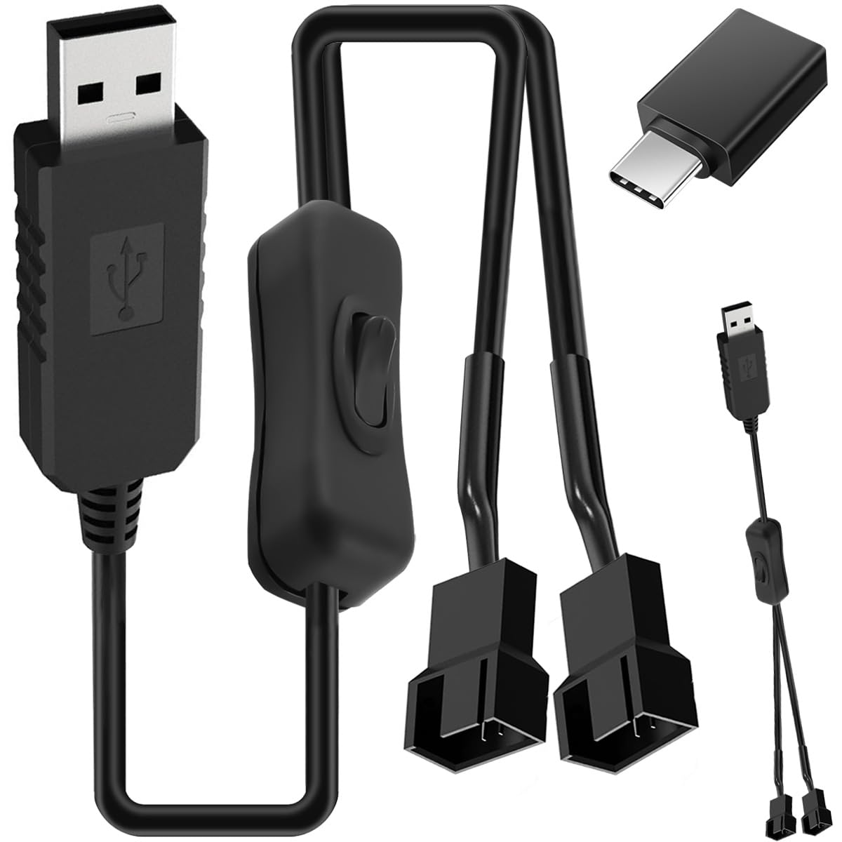 DAOKAI USB to 3/4 Pin 1 to 2スイッチ付きステップアップファン電源ケーブルDC5V to DC12Vステップアップ電源アダプタUSB-Aオス～3 3/4ピンオスプラグアンドプレイPC冷却ファン用