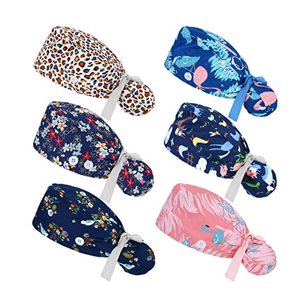 6-Pieces-Scrub-Caps-with-Buttons-Ponytail-Holder-and-Sweatband-Adjustable-Ribbon-Tie-Ponytail-Hats-Bouffant-Turban-Hats-Colorful-Printed-Beanie-Long-Hair-Covers-for-Women 6 Pcs Scrub Caps Women Nursing Hats with Buttons Adjustable Bouffant Nurse Ponytail Holder Turban Patterns