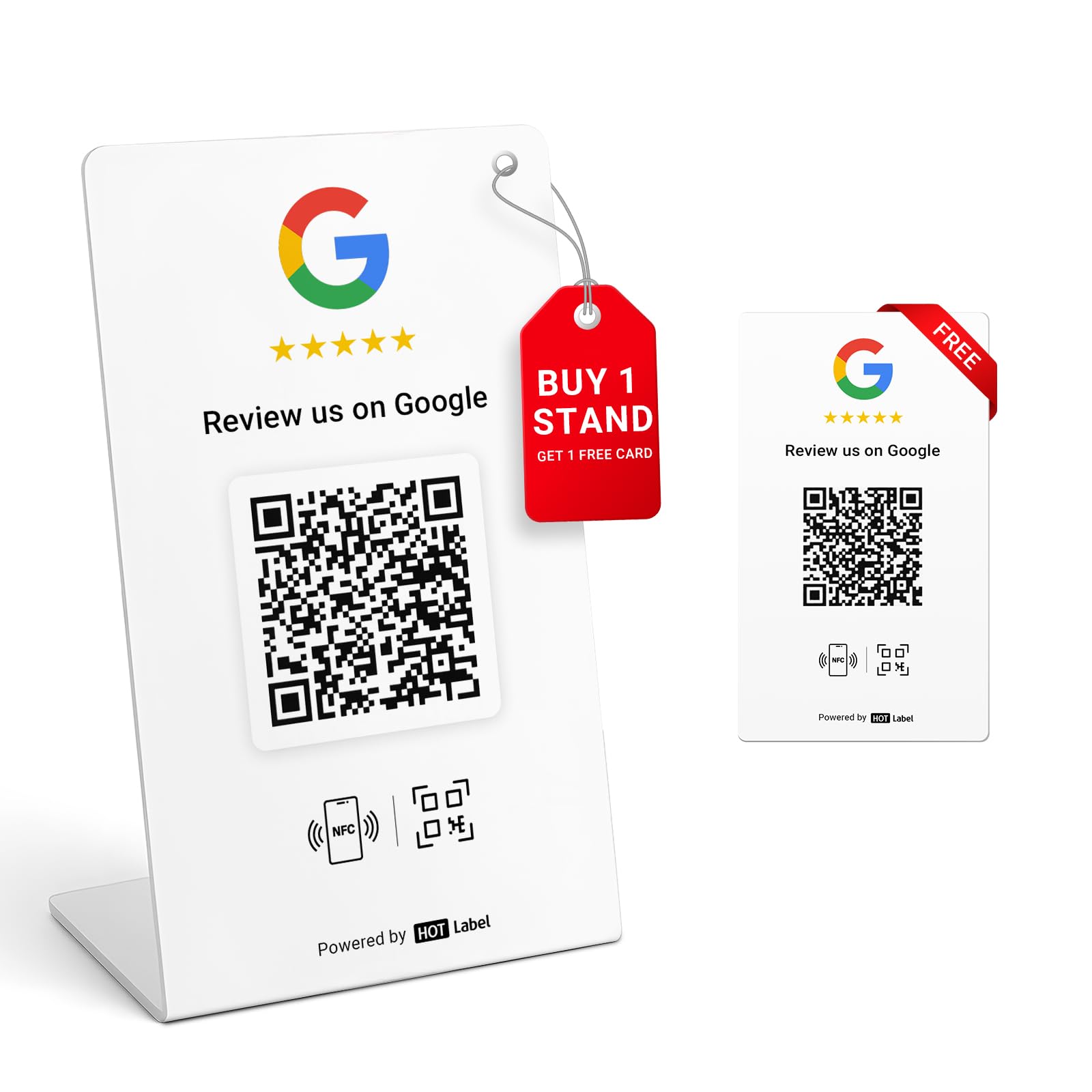 HotLabel Review Stand 1-Pack + Bonus Review Tap Card 1-Pack - White - NFC Tap & QR Code - For Business Review - Supports 2 Different Stores or Same - No App/Subscription