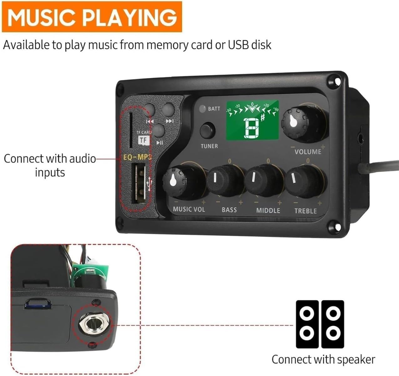 Guitar Pickup 3 Band Preamp Amplifier Equalizer Tuner Piezo Pickup for Acoustic Guitars