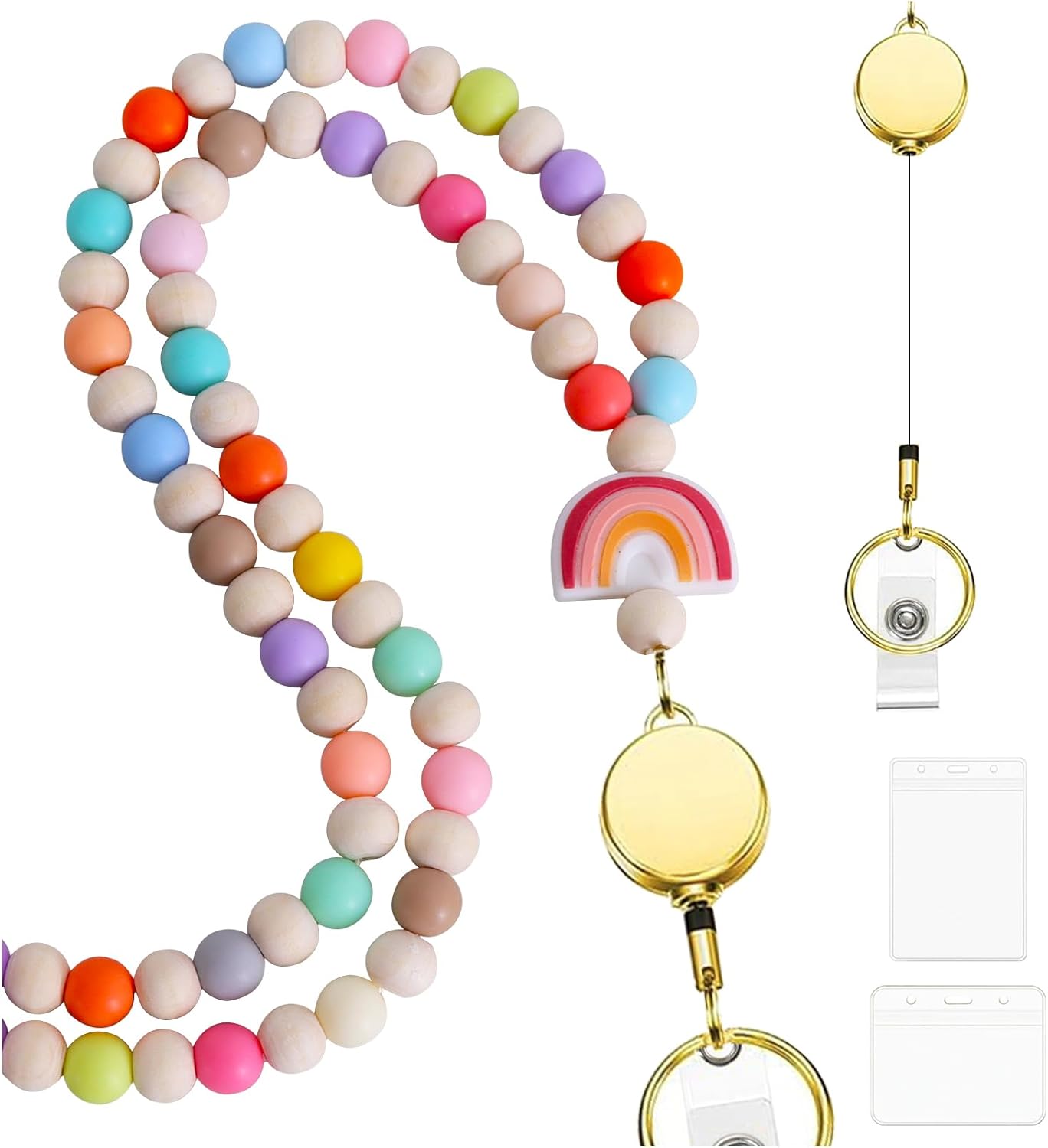 Teacher Lanyard With ID Holder, Colorful Wood Beaded Lanyards for Id Badges Keys, Retractable Cute Lanyard for Women