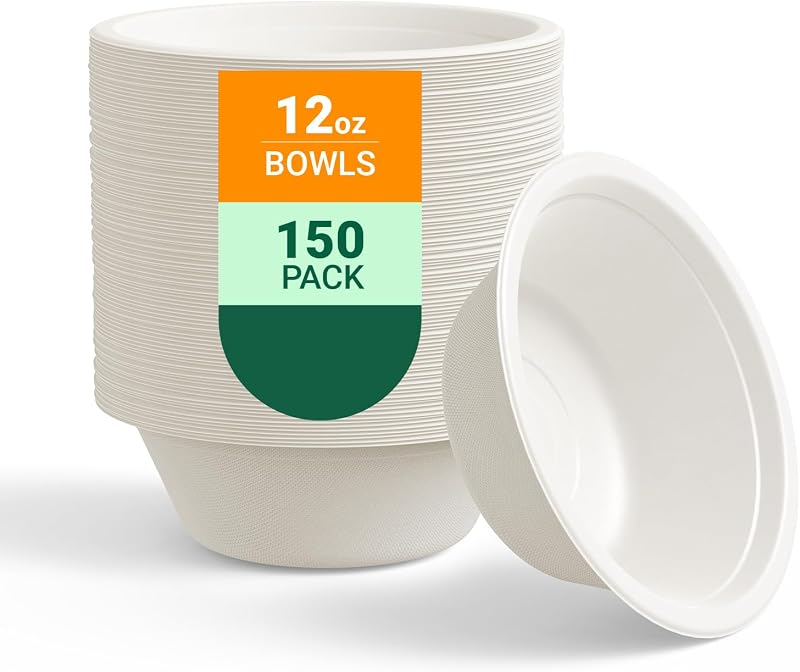 150 Pack 12 oz Compostable Paper Bowls Disposable, White | Heavy-Duty Biodegradable Bowls Made of Natural Sugarcane Bagasse, Perfect for Milk Cereals, Snacks, Salads, Desserts, Soups