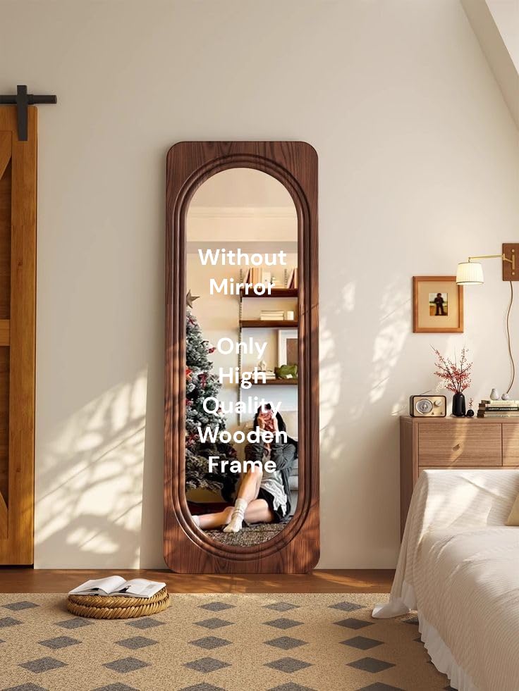 Image of Modular Full Length Wall Mirror Frame for Home|Wooden Brown Brown,Dressing Mirror|Floor Standing & Wall Mount Large Oval Mirror for Bedroom,Living Room & Hallway Decor|Without Mirror