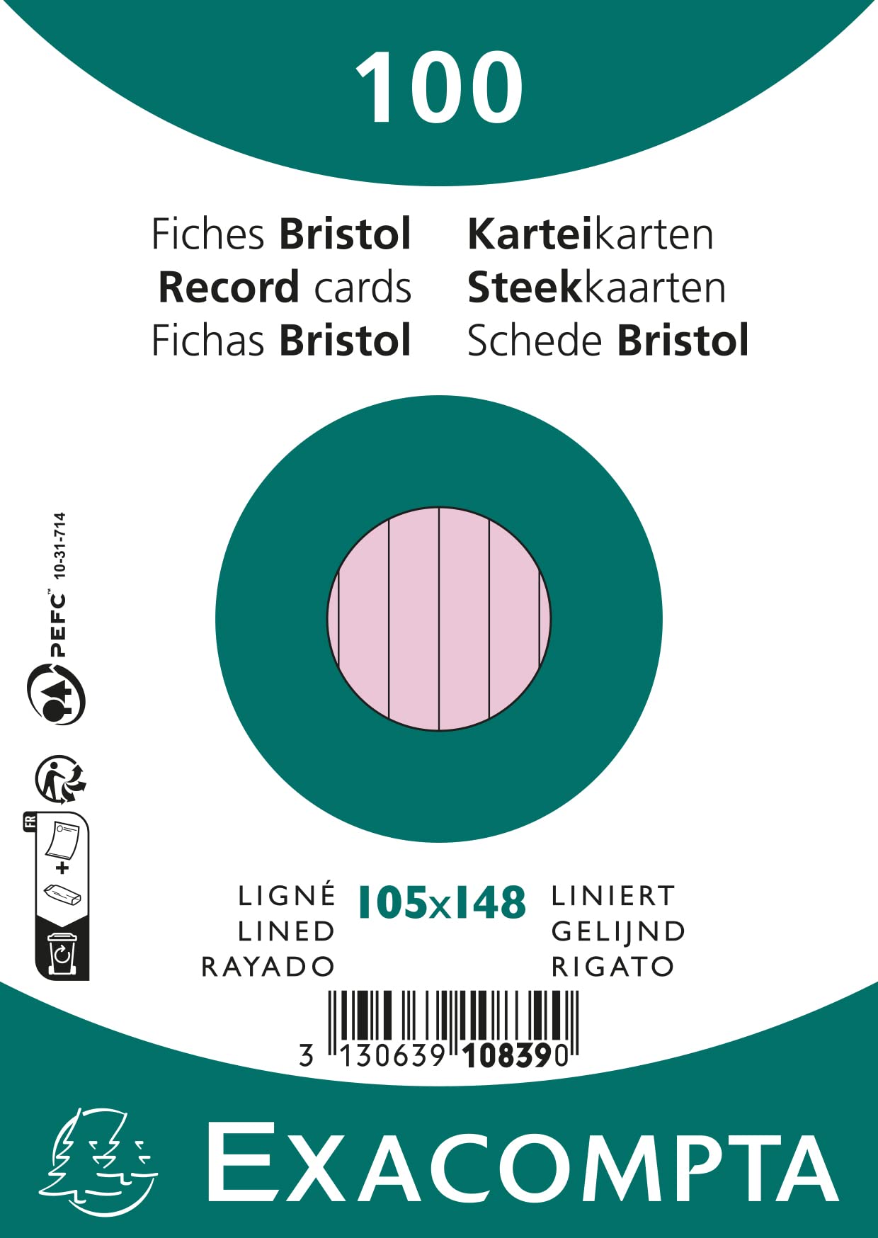 Exacompta - Ref 10839SE - Bristol Lined Record Cards (Pack of 100) - A6 in Size, 205gsm Card, Compatible with Printers - Suitable for Exam Revision & Notes - Pink