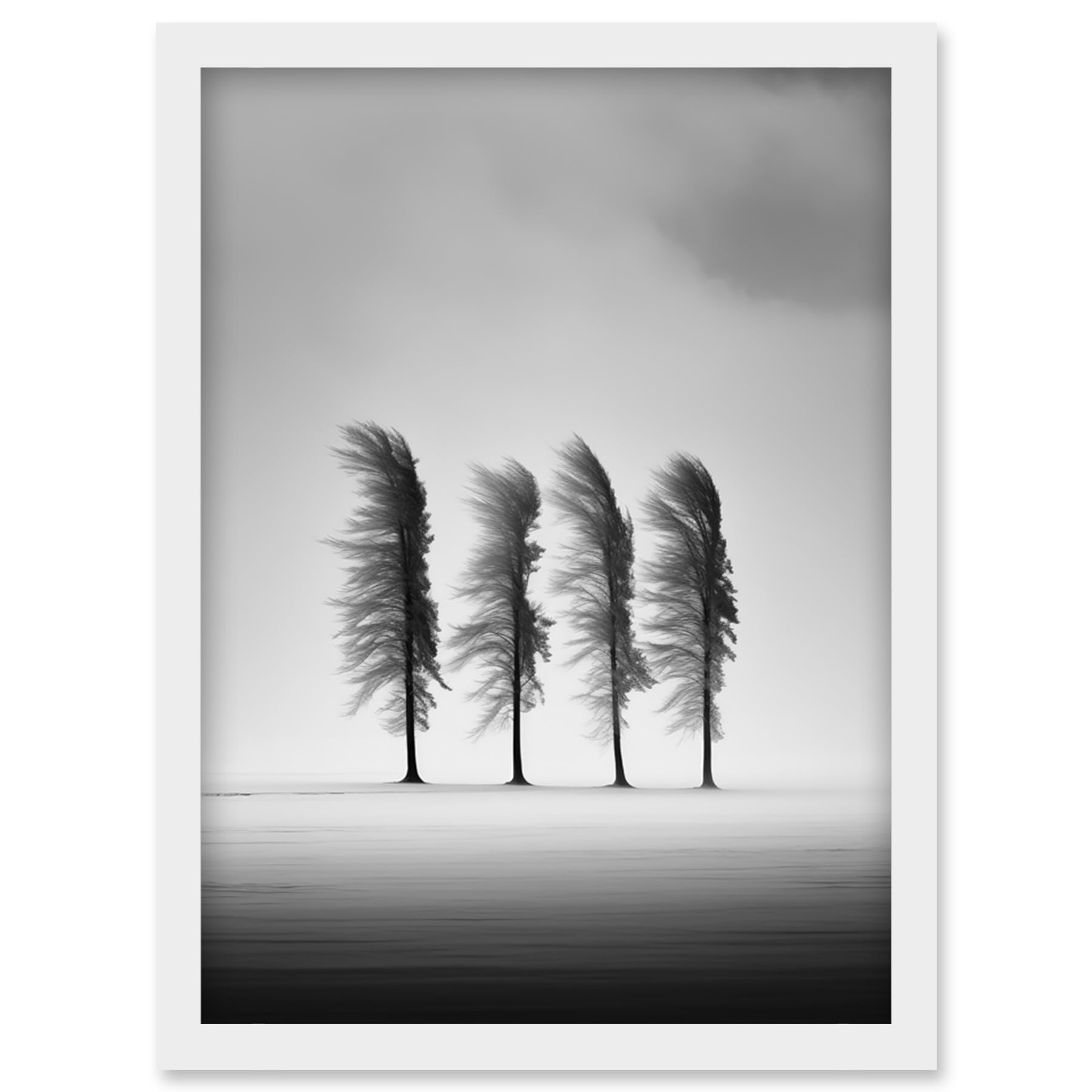 Artery8 Still Holding Strong Black and White Winter Landscape Photograph Wind Blowing on a Row of Cypress Hills Artwork Framed Wall Art Print A4