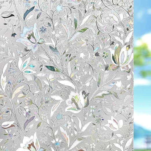 Image of Elton 3D Window Privacy Film, Lotus Rainbow Clings, Decorative Vinyl, Stained Glass Decals, Static Cling Sticker Non-Adhesive No Glue 24 x 144 inches