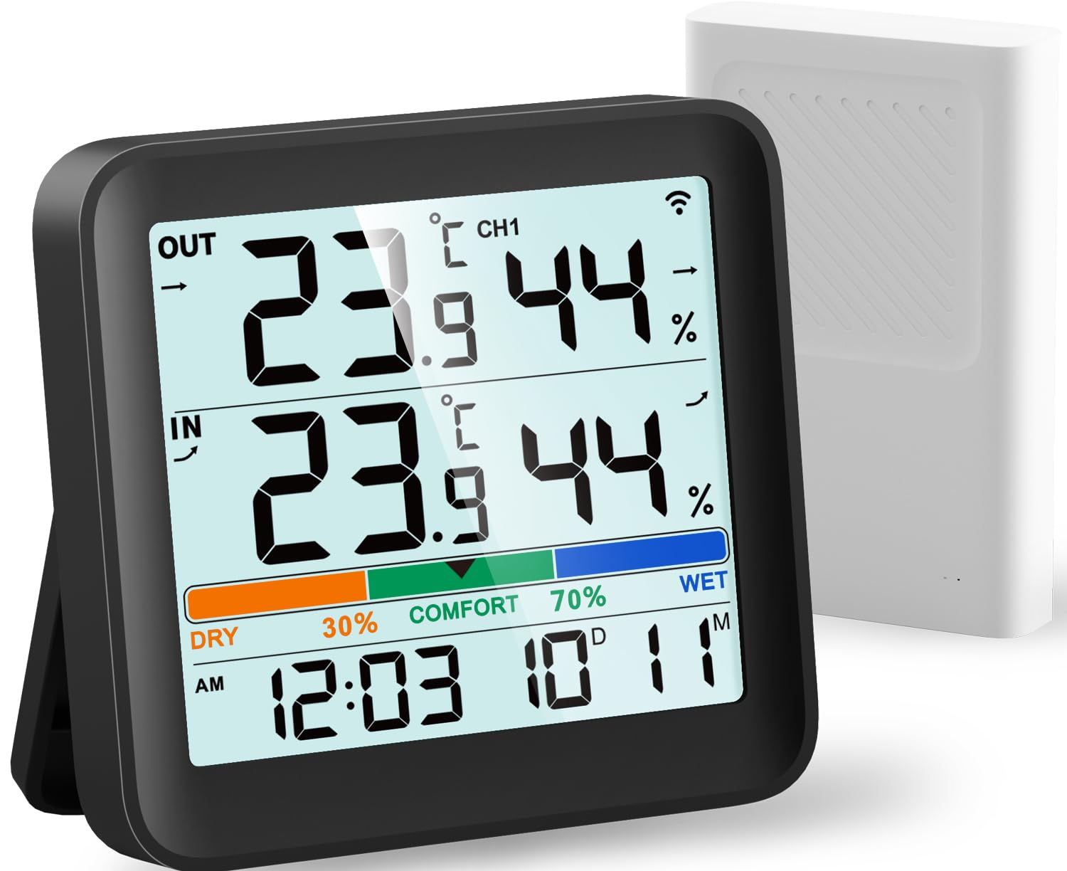 VOCOO Termometr wewnętrzny i zewnętrzny, higrometr, monitor wilgotności powietrza, cyfrowy miernik temperatury, stacja pogodowa z podświetleniem LCD, zegar, data, min/maks, wskaźnik komfortu
