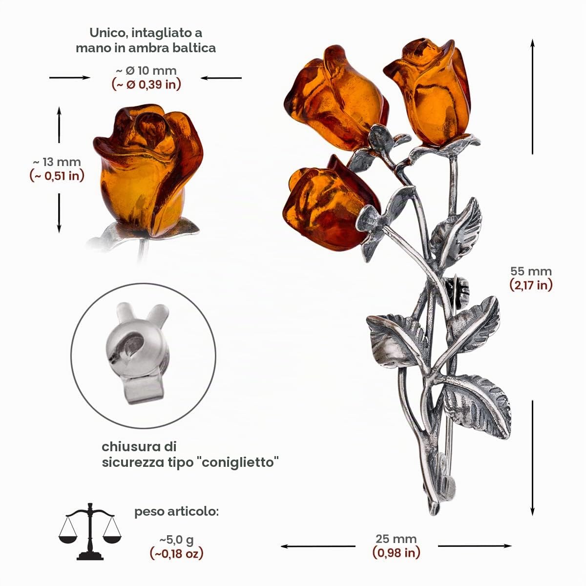 Spilla da donna in argento 925 ossidato, rose d'ambra baltica intagliate a mano, spilla con tre rose d'ambra, chiusura di sicurezza, set regalo
