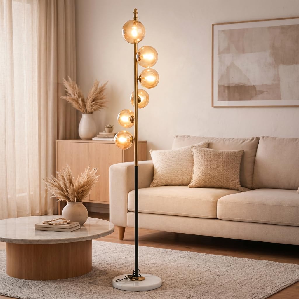 Decart Floor Lamp 3-Color CCT (Warm + Natural + Cold White) | 5-Globe Amber Glass Metal Stand | Marble Base | Living Room Bedroom-image-10