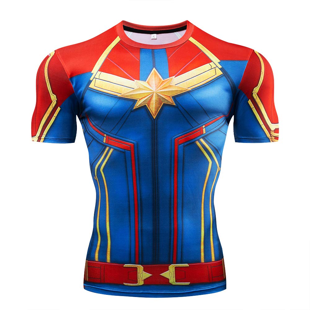 Men's Super-Hero Compression Sports Fitness Elastic T-Shirt Quick-Drying Running Captain -Short-Red-S