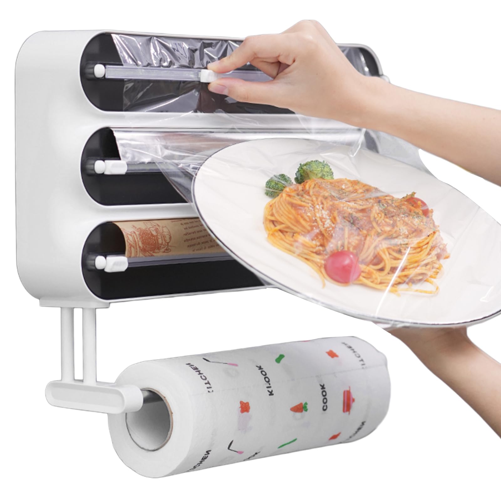 Dozownik z folii spożywczej 4 w 1, dozownik do żywności z drzwiami kuchennymi, magnetyczny dozownik folii spożywczej, dozownik z folii aluminiowej i folii, instalacja bez wiercenia