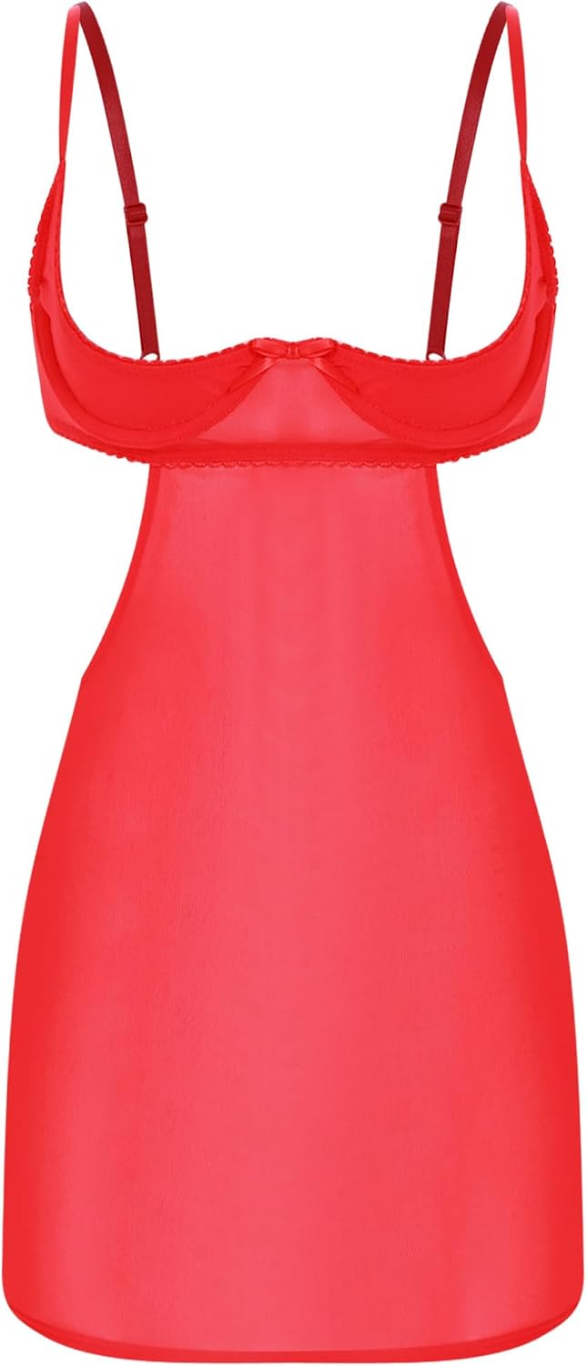 Freebily Womens Sheer Mesh Nightdress 1/4 Cup Underwire Bra Nightwear Bodycon Mini Dress Chemises