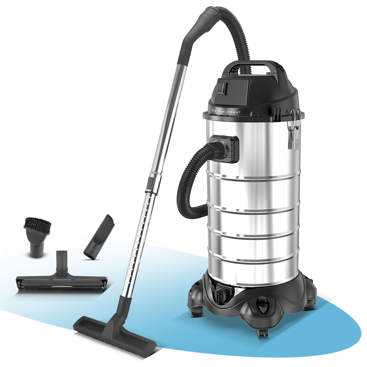 STAHLWERK Nass- und Trockensauger VCL-1500 ST, 1500 W Industriesauger | 40 l Edelstahlbehälter, Blasfunktion, Sicherheitsabschaltung, umfangreiches Zubehörpaket, robuster Werkstattsauger