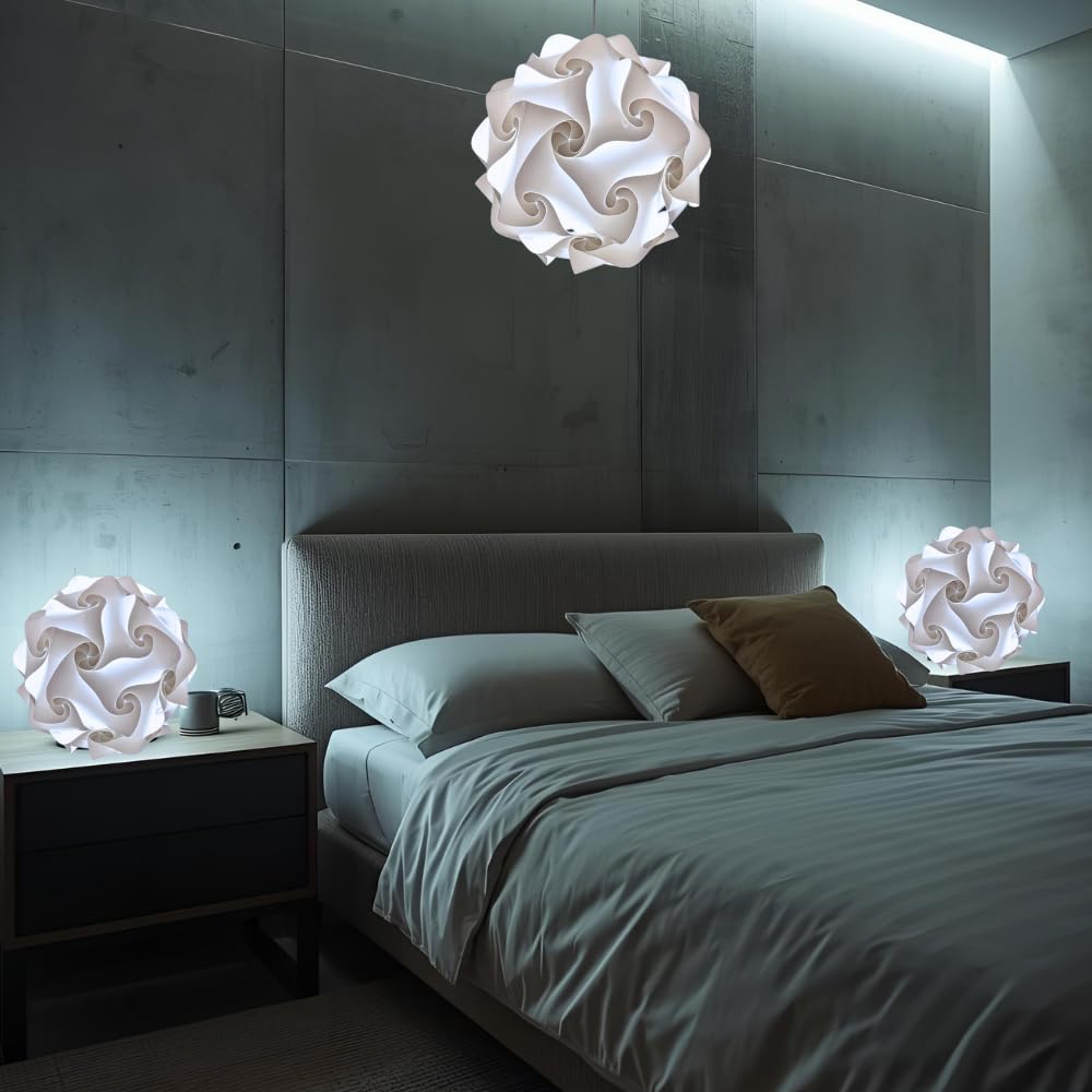 Lampadesign ® Set Lampadario e 2 lampade da comodino Camera da letto moderna Lampada a sospensione Sfera 35 cm e coppia abat jour stanza cameretta Lampadine Led luce fredda 17W e27 Filo bianco