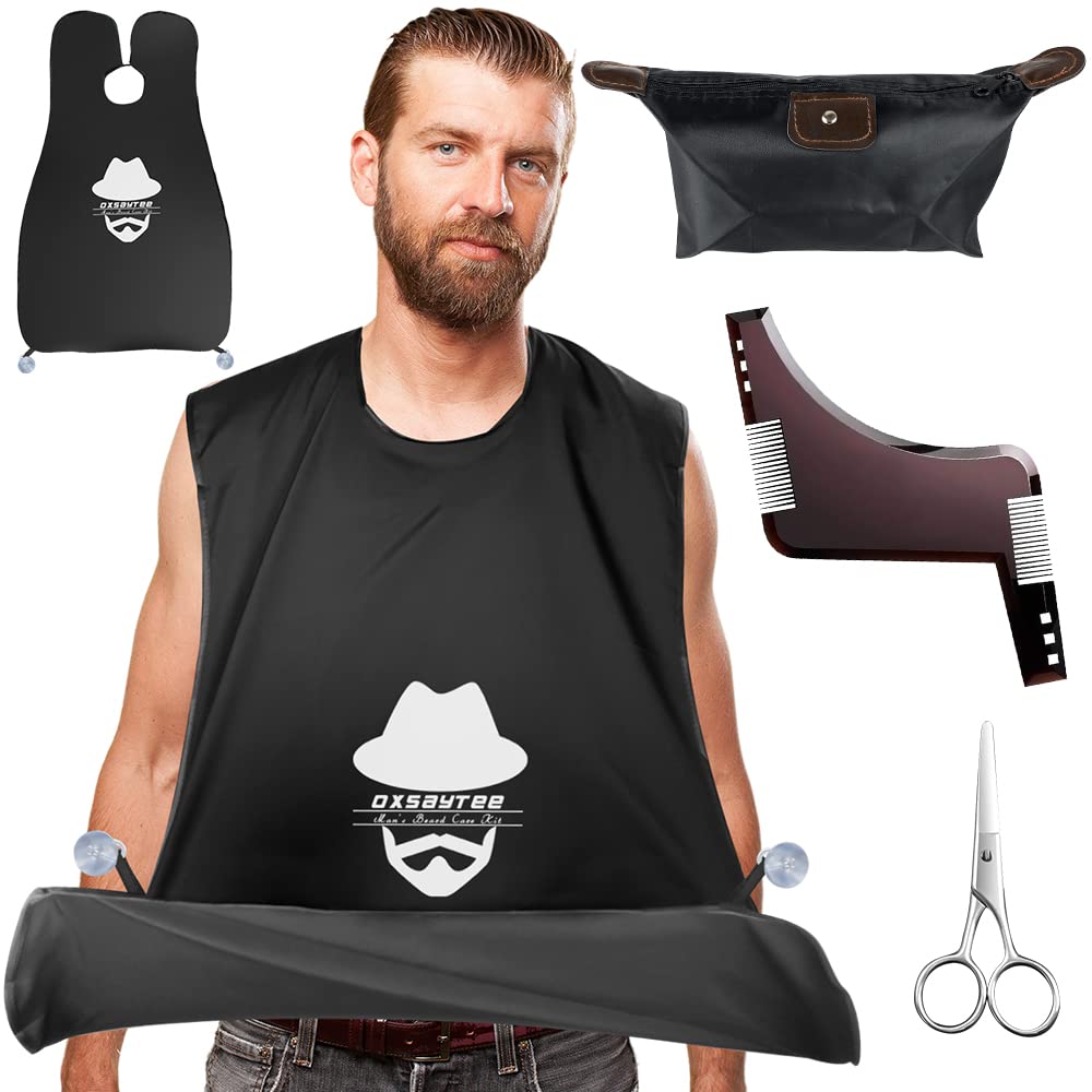 Beard Trimming Kit,Barber Kit with Barber Bib,Beard Styling Comb,Barber Cutting Scissors,Storage Bag,Gift for Men/Father