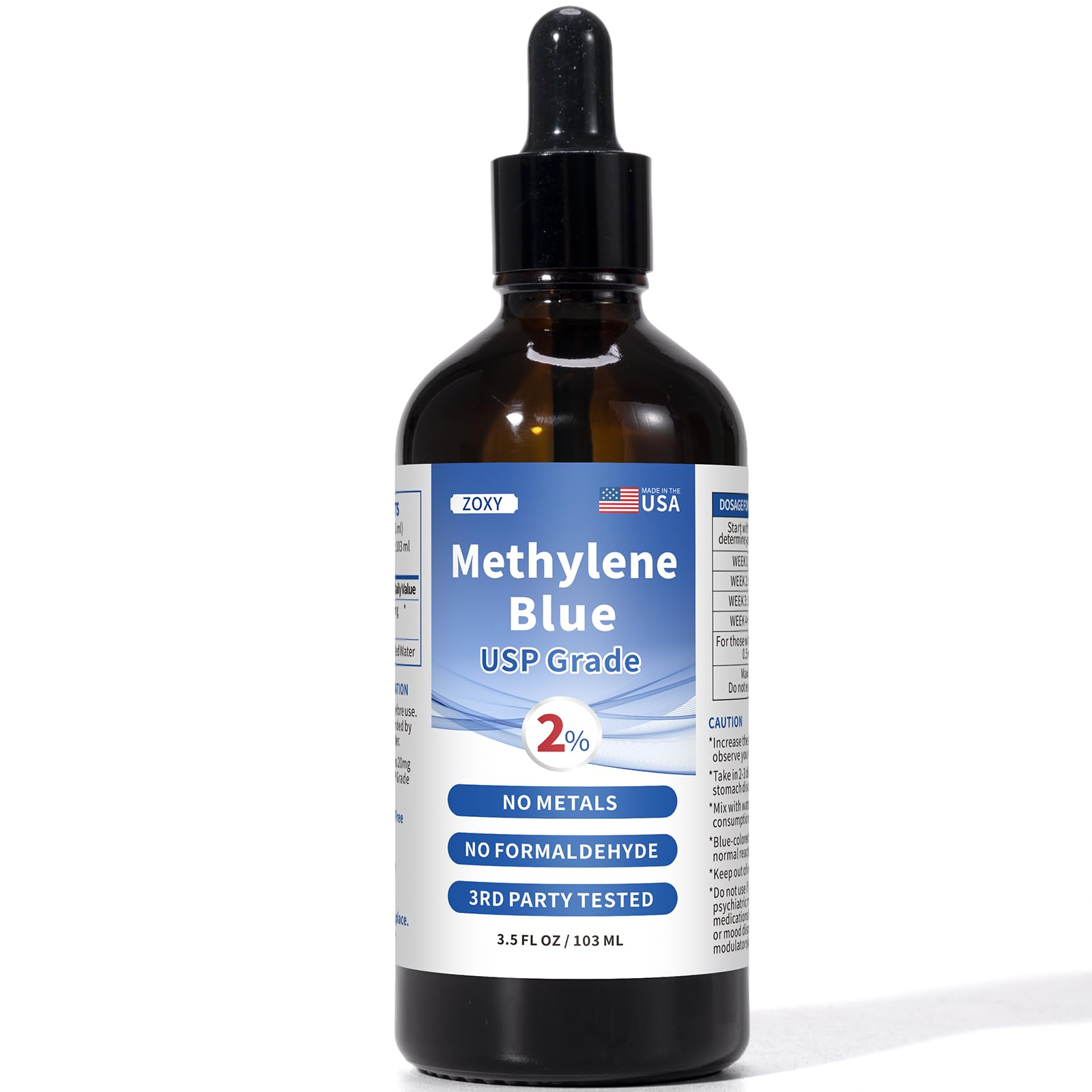 2% Methylene Blue Pharmaceutical Grade, 3.5 oz, Ultra Concentration, 99.99% USP Grade, 3rd Party Tested, No Formaldehyde, Supports Memory & Cognitive Function, Boosts Metabolism & Anti-Aging