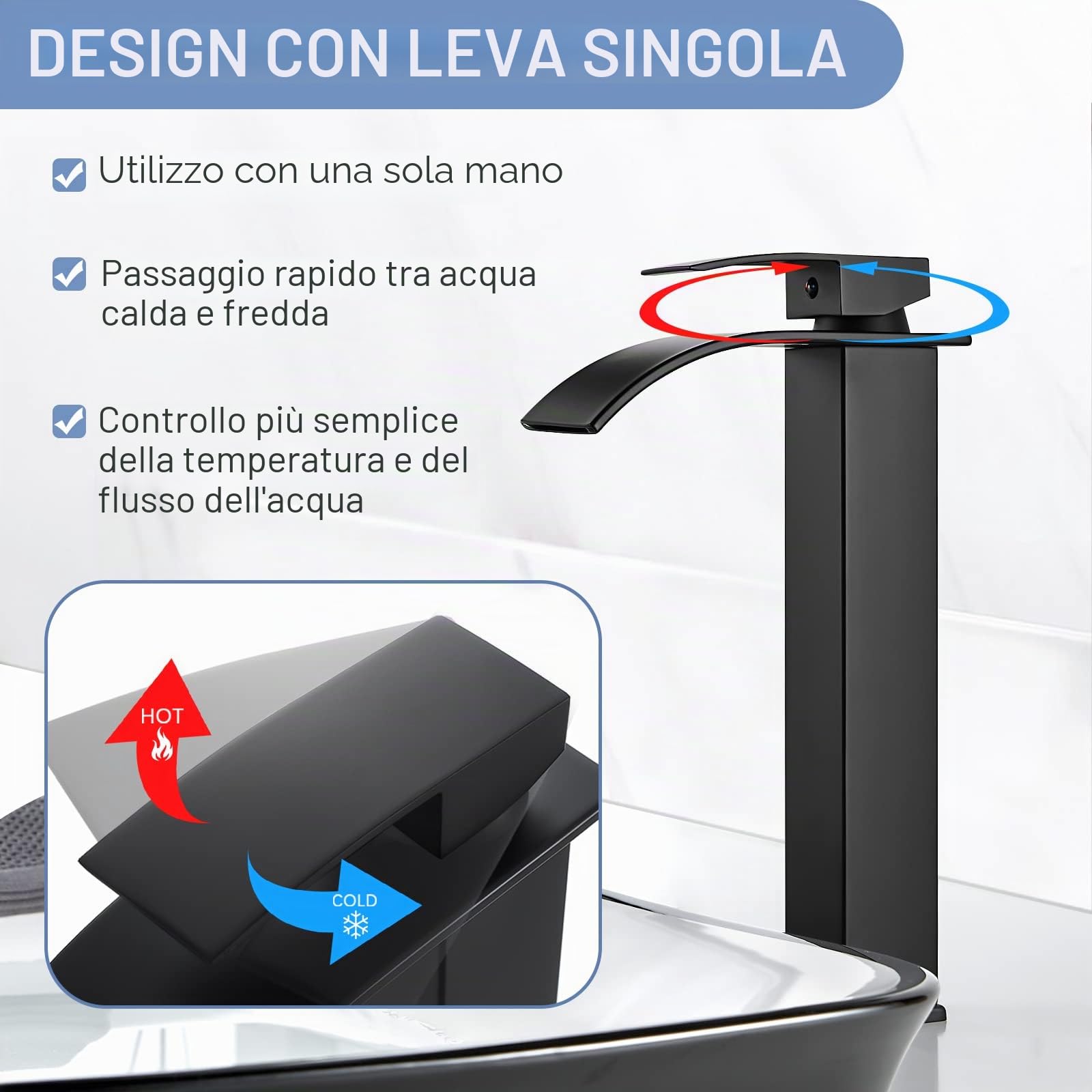 Rubinetto Bagno Cascata Nero, Coleniny Miscelatore Lavabo Bagno, Rubinetto Bagno Lavabo Alto con altezza bocca 235mm, Miscelatore Monocomando per Bagno Può Regolazione a Caldo e Freddo G3/8