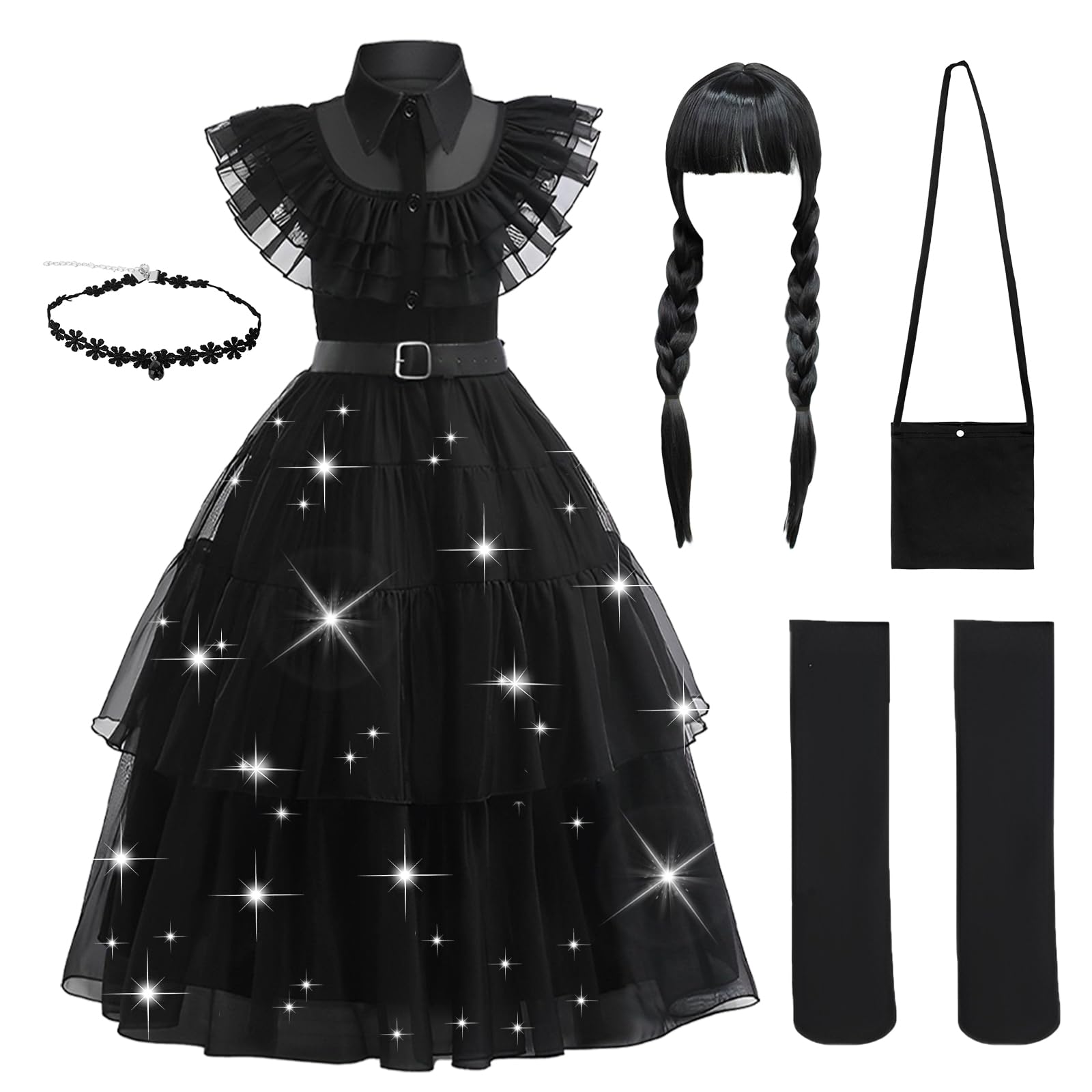 Kitimi Dress110 Black Gothic Dress Up Outfit for Girls, 3-11 Kids Theme Cosplay Costume Girls Party Fancy Dress Accessories with Wig Earrings Bag Socks for Carnival Halloween Party
