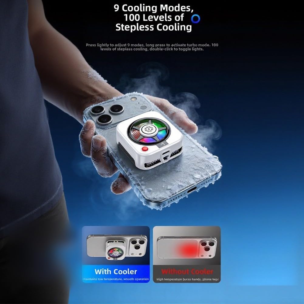 Magnetischer Handy-Kühler mit intelligenter Temperaturregelung und RGB-Beleuchtung, Lüfter mit 9 Modi für Gaming-Smartphones mit Clip auf der Rückseite (A)