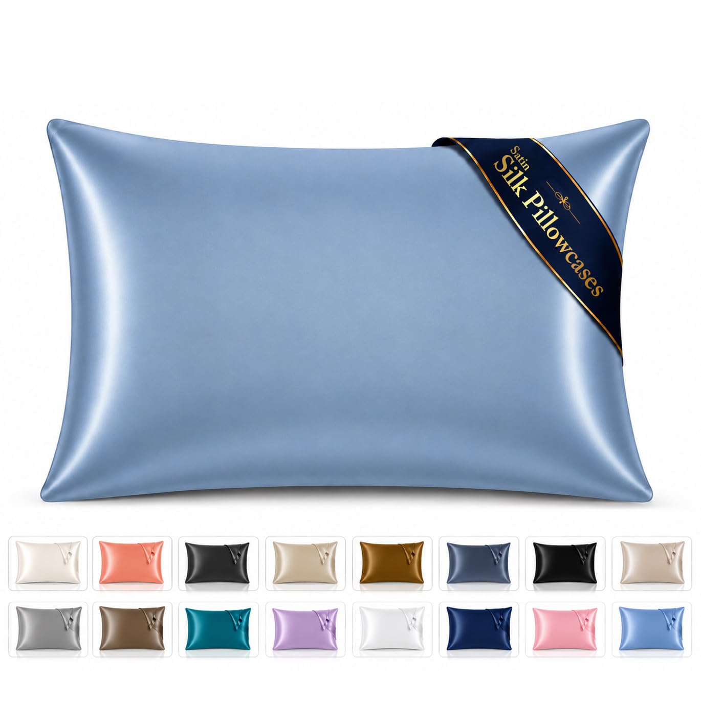 Pamposh Satin Silk Pillowcases For Hair And Skin 2 Pack Standard Size with Envelope Closure (2 Pcs Pillowcases (50 x 75 cm), Airy Blue)