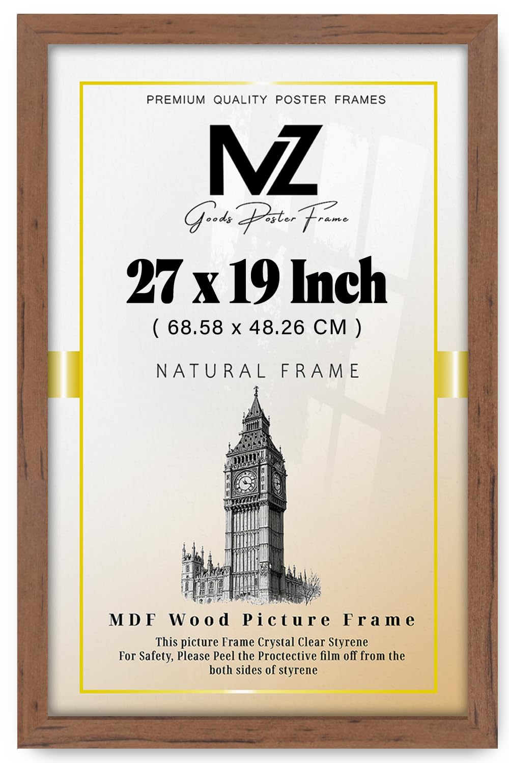 Mz Goods Walnut - Aesthetic Large Rectangle 27 X 19 Inch Poster/Picture | With A Solid Eton Wood Finish And Hanging Hooks- (68.58 X 48.26 Cm) Versatile For Any Room Decor [ ]