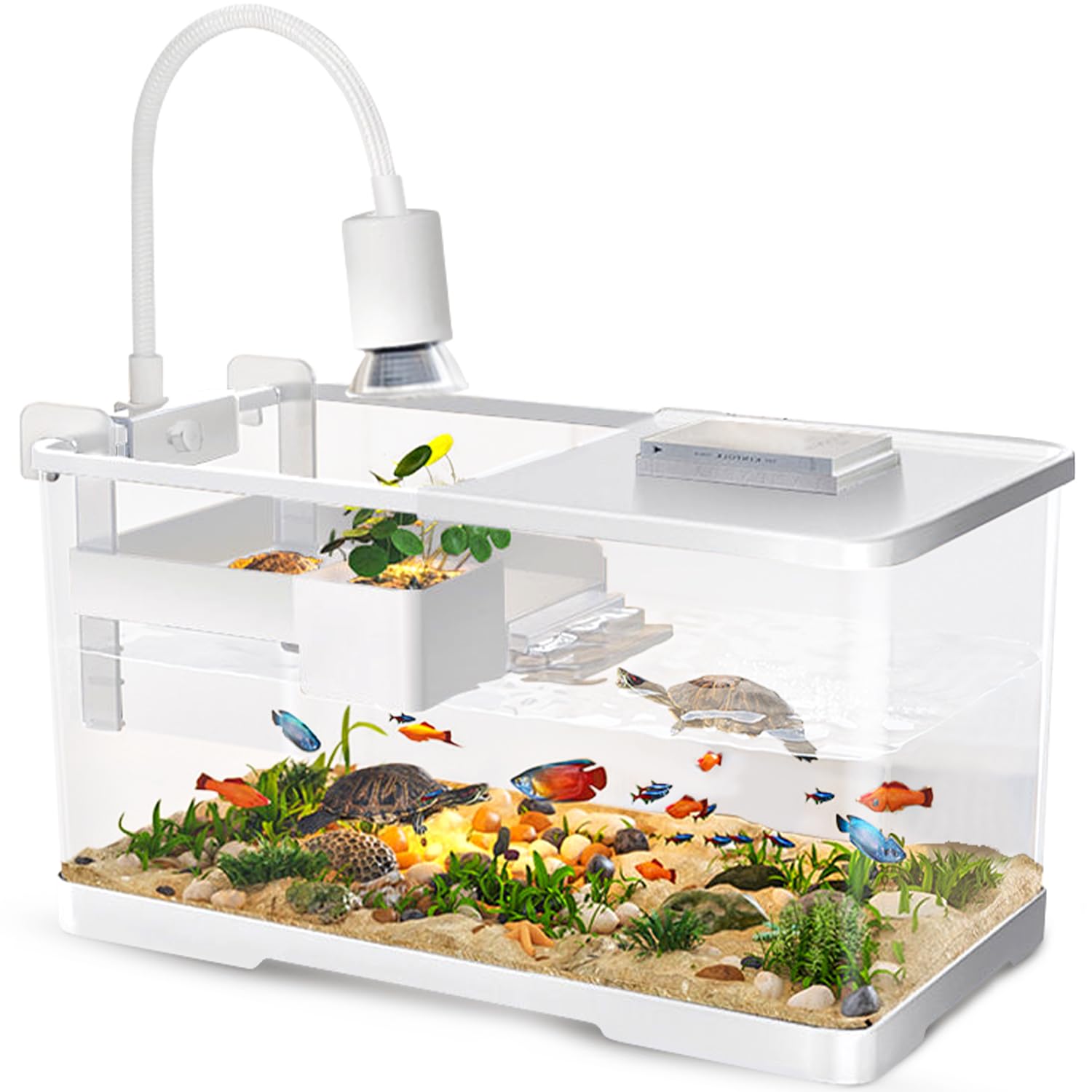 (Tank + Light + Filter + Filter Balls) Turtle Tank Kit, Turtle Tank Starter Kit,Bottom Drainage, Multi-Function Areas for Turtles, Crabs,Fishes, Amphibians,Reptiles. (15.75 x 8.64 x 8.64 Inch)