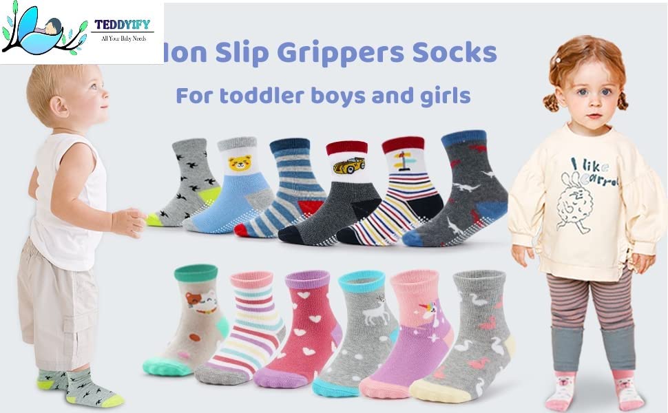 Image of Non Slip Kids Toddler Socks with Grip, Anti Skid Boys Girls Socks for Children Baby Crew Socks for 0-2 | Non Slip Anti Skid Crawling Toddler Socks with Grippers (12-24 Months, 12)