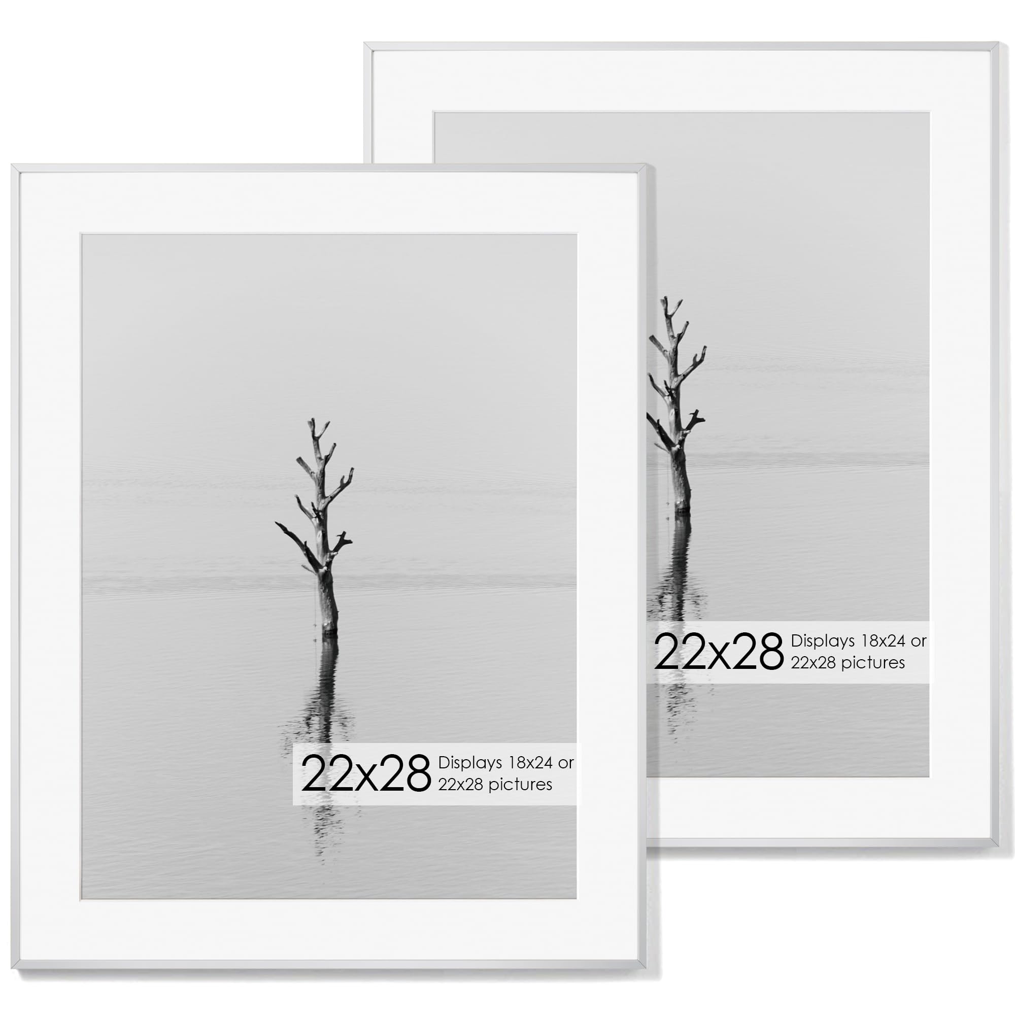 22x28 Metal Picture Frame with 18x24 Mat, Brushed Aluminum Finish, Tempered Glass Front, and Attached Hanging Hardware - Versatile Wall Display Frames for Vertical or Horizontal Orientation(Silver,