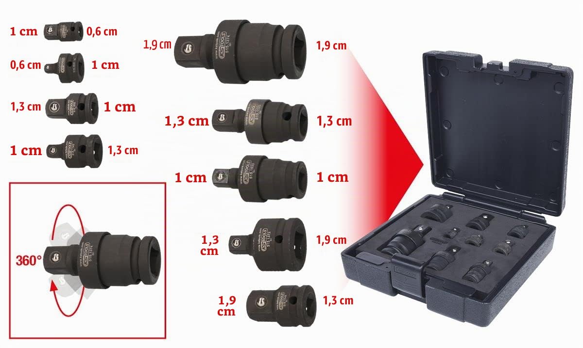KS Tools 515.0100 Coffret d'adaptateurs et cardans à chocs 9 pièces | Coffret d'adaptateurs et cardans à chocs, 9 pcs, outillage professionnel, chrome vanadium