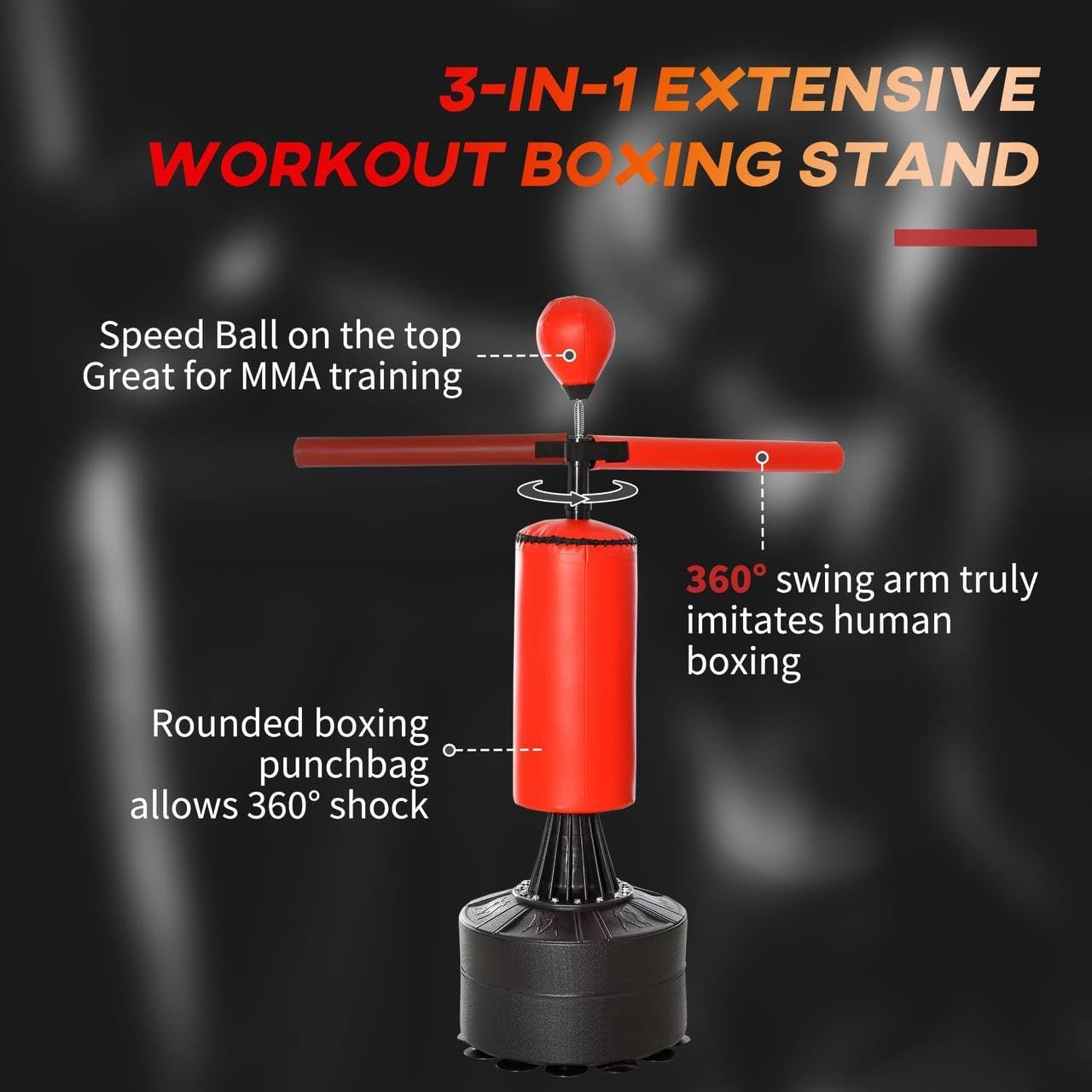Freestanding Boxing Bag with Speed Ball, Rotating Bar and Gloves, Weighted Base, Black and Red, PU Material