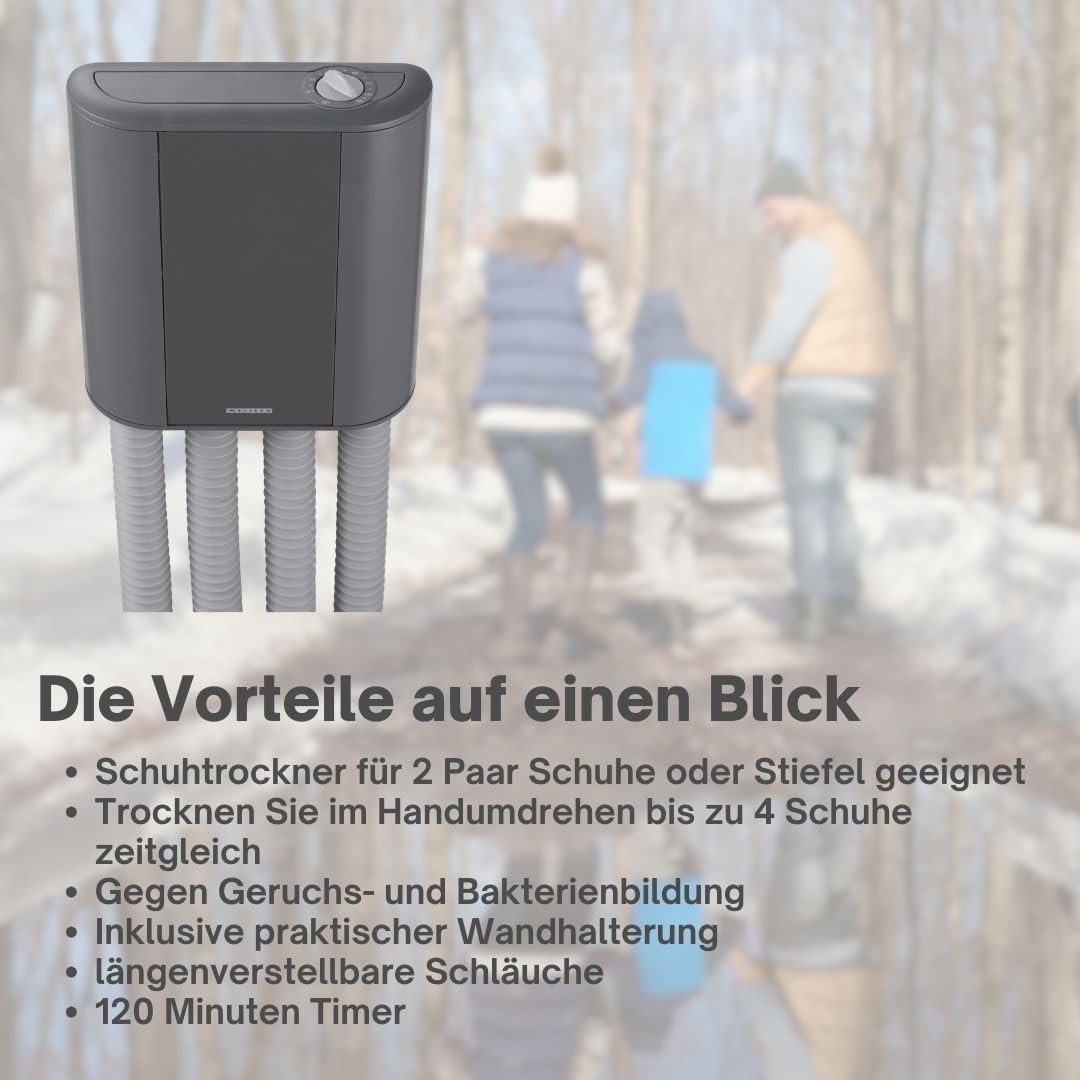 Melissa 16540011 Schuhtrockner elektrisch, Stiefelwärmer, Gummistiefel,Wanderschuhe,Skischuhe, Heizung mit Gebläse und Zeitschaltuhr für 2 Paar Schuhe/Handschuhe, schwarz