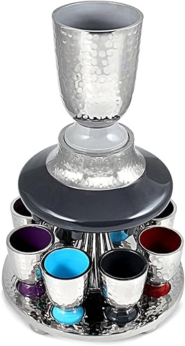 Miniatura 3 de Elegant Display Kidush Cup Juego de fuente de vino  Metal martillado con detalles de esmalte  Copa grande, 8 tazas de chupito para Shabat, Pascua,