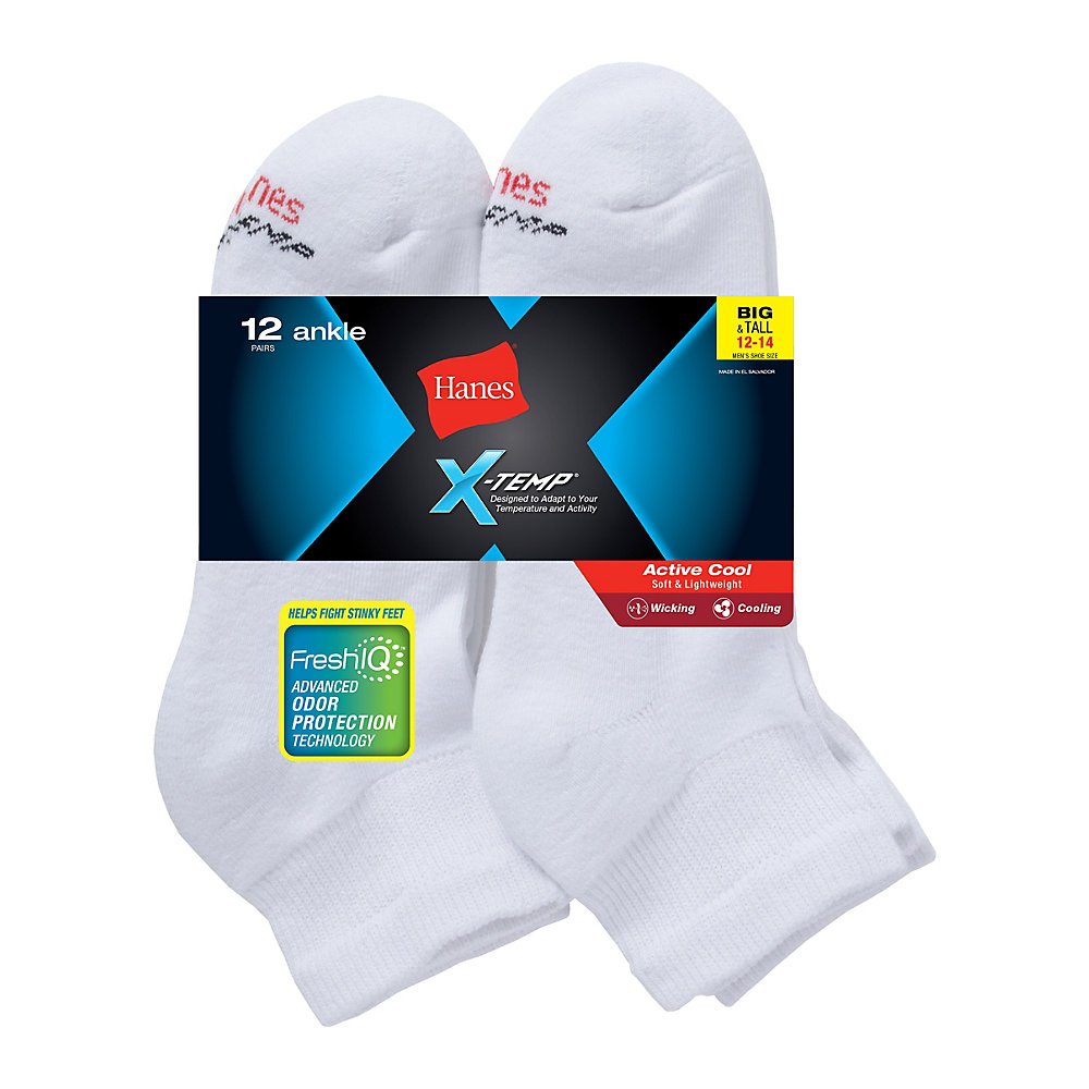 Hanes Paquete de 12 calcetines tobilleros para hombre grandes y altos