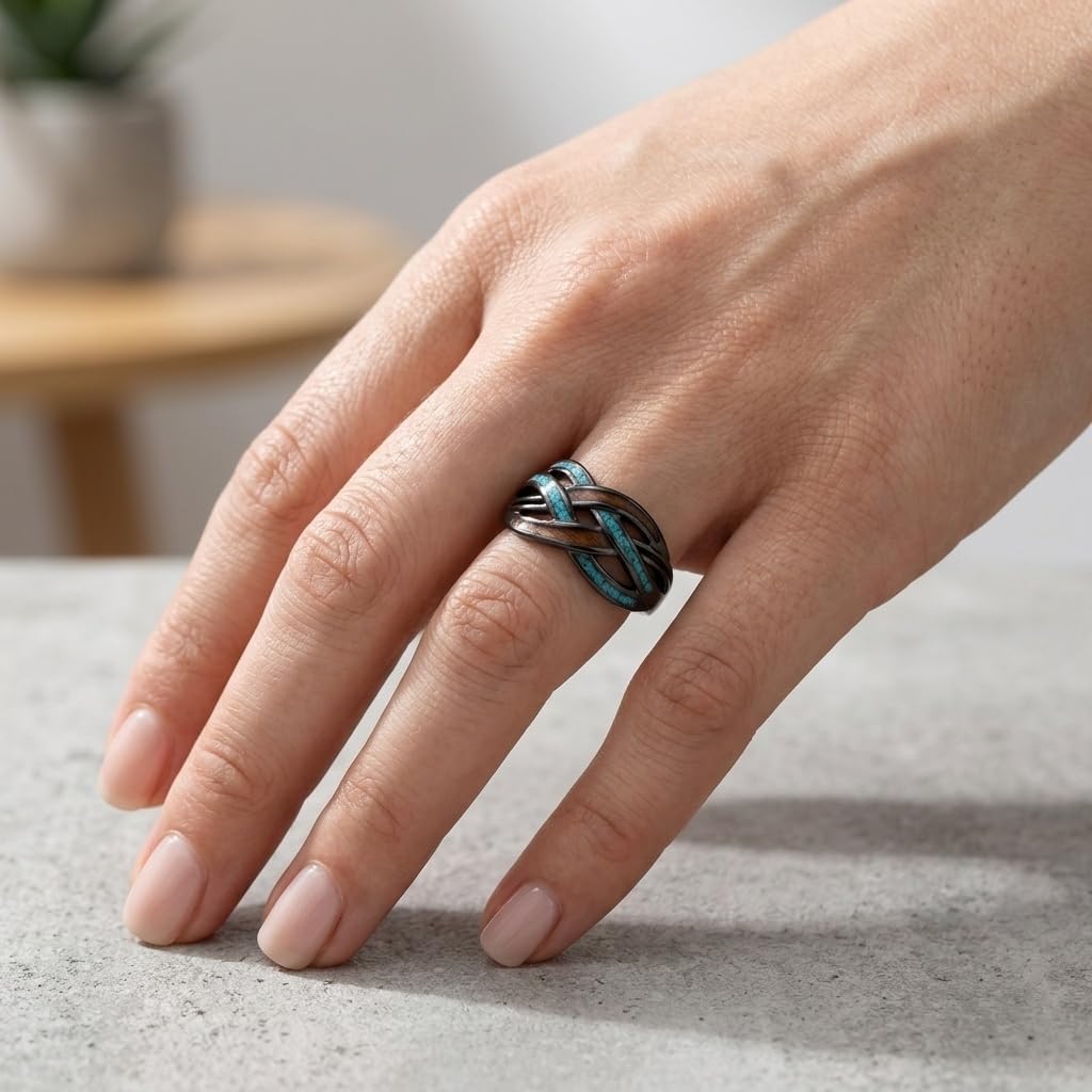 DAYLINLOVE Keltische Knoten Ringe 925 Sterling Silber Unendlichkeit Knoten Türkis Holz Ringe Nordisch Irisch Keltisch Schmuck Geschenk für Damen Frauen