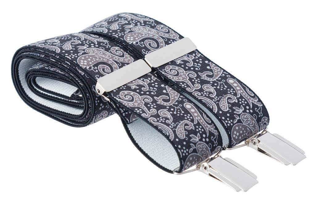Gs Braces Men's Black And Grey Xl Paisley Pattern Trouser Braces X Back 35Mm 4 Silver Clips 48 Inches